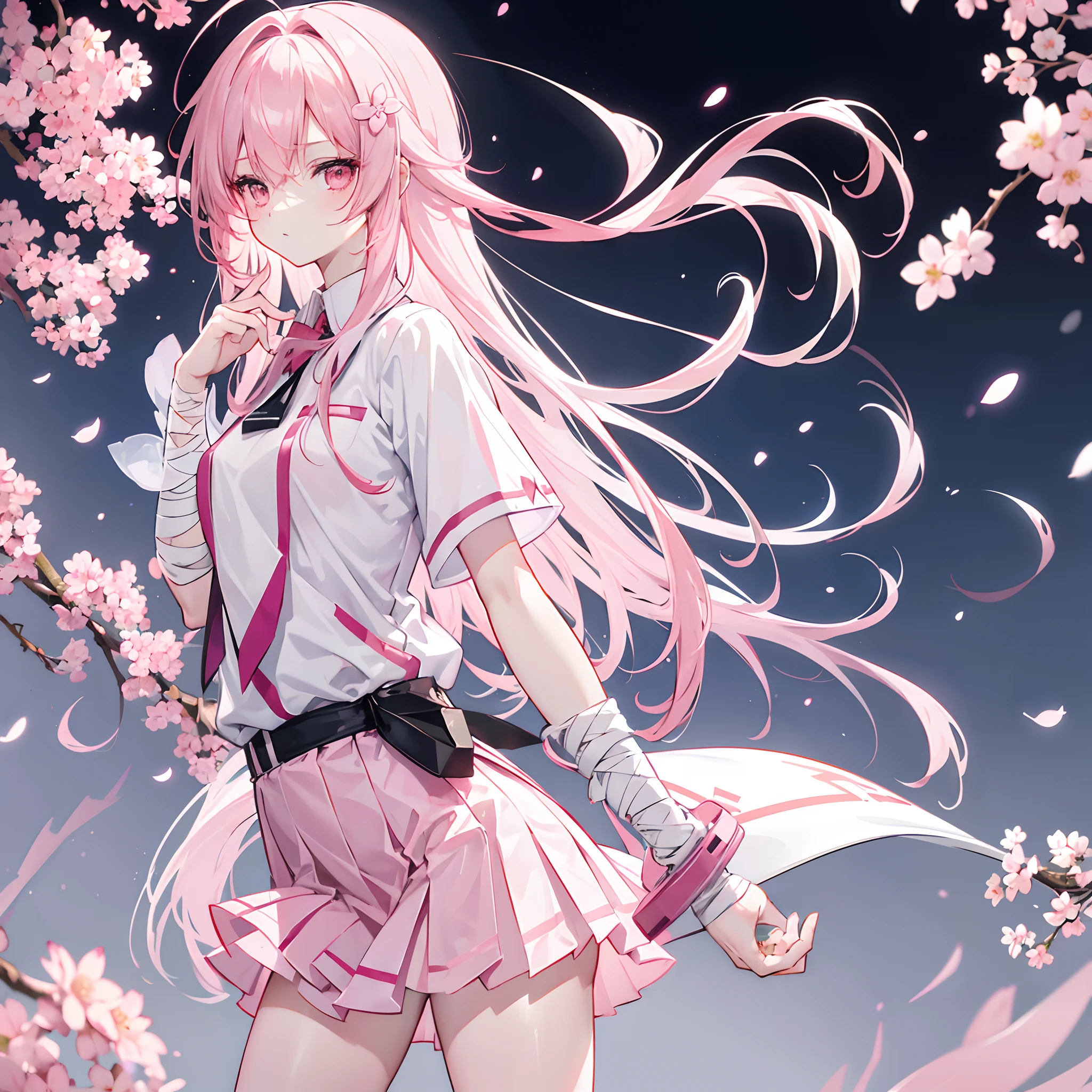 Two-dimensional anime wallpaper,Long pale pink hair,,Cherry blossom hair accessories,girl,White short-sleeved tie-style school uniform,The arm is wrapped in a bandage,Light gray miniskirt,Black panty,Bandages wrapped around his head,Medium build,The hair is somewhat messy,With a dull expression