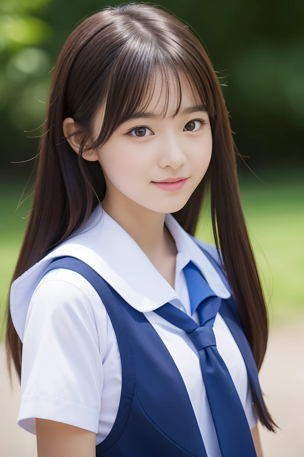 Beautiful schoolgirl in 8K in summer uniform with double eyelids is looking back