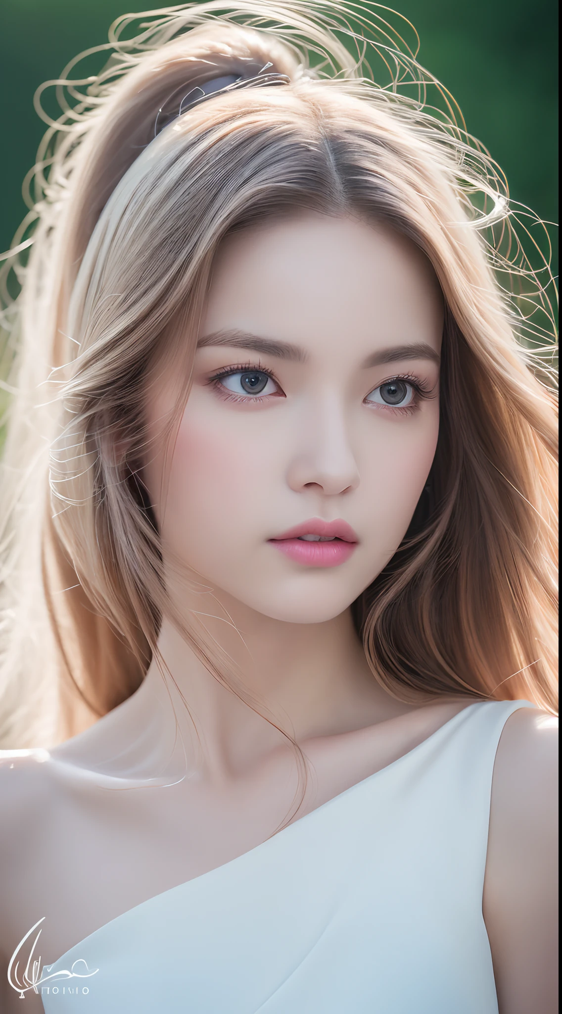 (Best quality,4K,8K,A high resolution,Masterpiece:1.2),Ultra-detailed,(Realistic,Photorealistic,photo-realistic:1.37),sportrait,Women,Long flowing hair,Off-white iris,vacant gaze,Plump pink lips,The ends of the hair have white flowers,Graceful figure,Medium shot,Black dress.