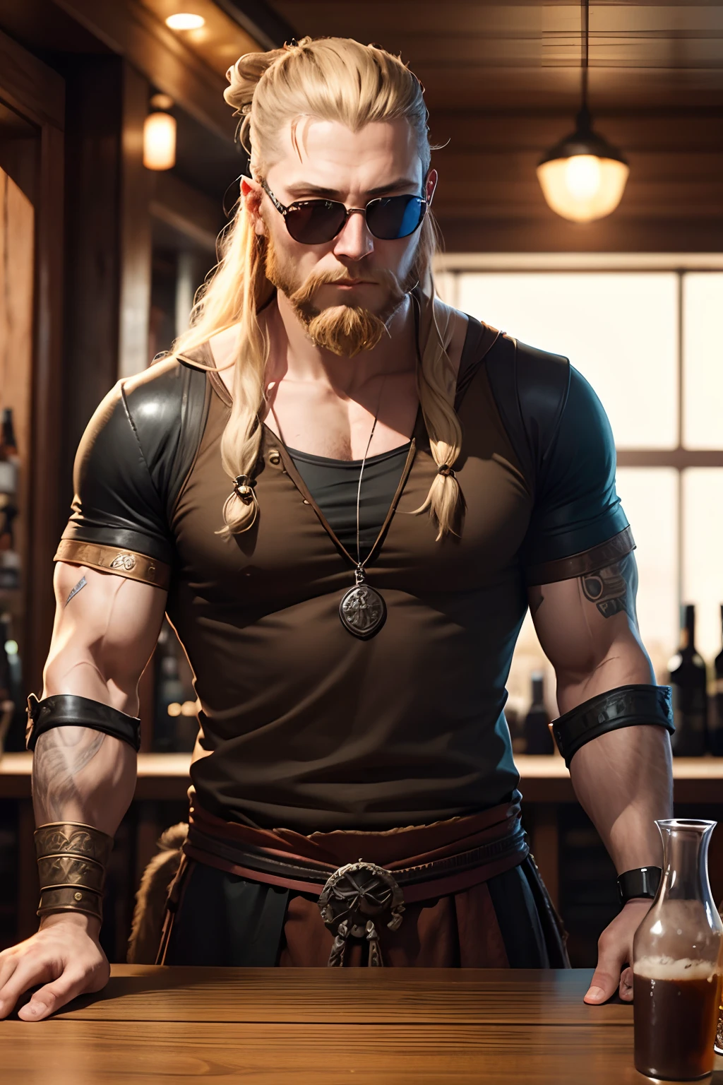Viking Ragnar wearing a sun glass, as a bar tender, at a bar