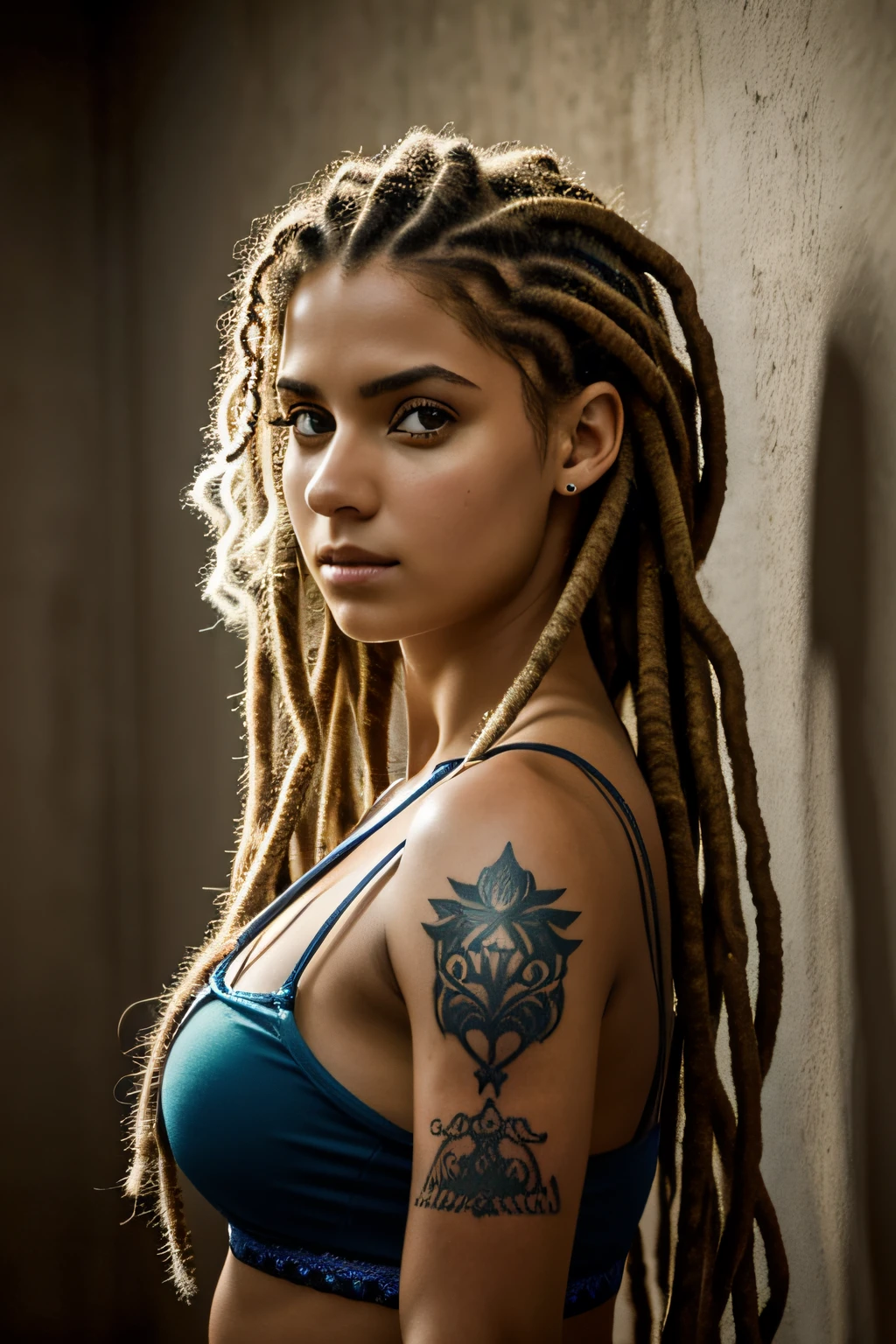 mulher arafed com tatuagens posando para uma foto, usando cassaco longo, aqua rapunzel, Anna Nikonova aka Newmilky, dreadlocks azuis, com tatuagens, Linda, Ela parece uma mistura de Grimes, 1girl, Cabelo branco, - Olhos Vermelhos, retrato, realista, side-lighting, papel de parede,Deixa Linda, 24 anos, musculoso, Anatomia do Perfent, by shaman