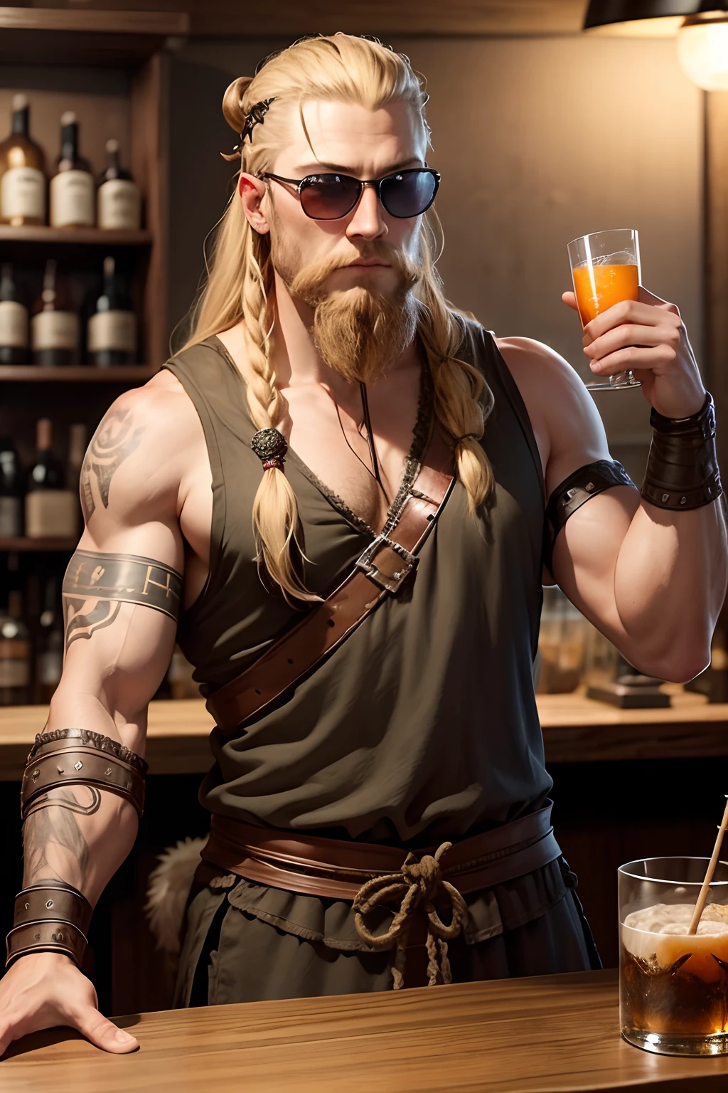 Viking Ragnar wearing a sun glass, as a bar tender, at a bar