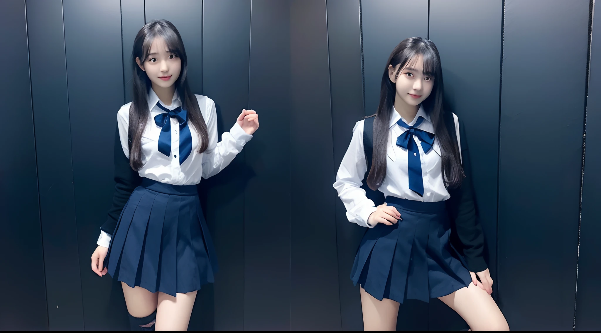 18-year-old high school girl in dark blue miniskirt