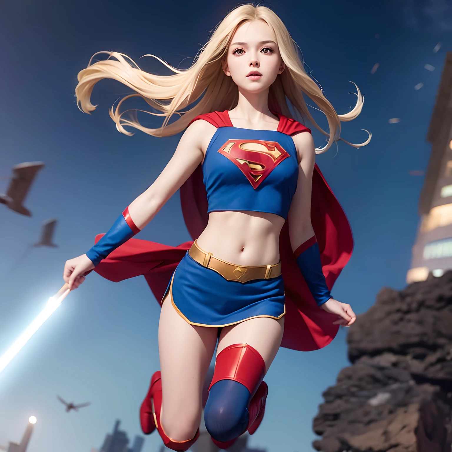 (1girl), solo, long hair, full body, supergirl, crop top, superhero landing
