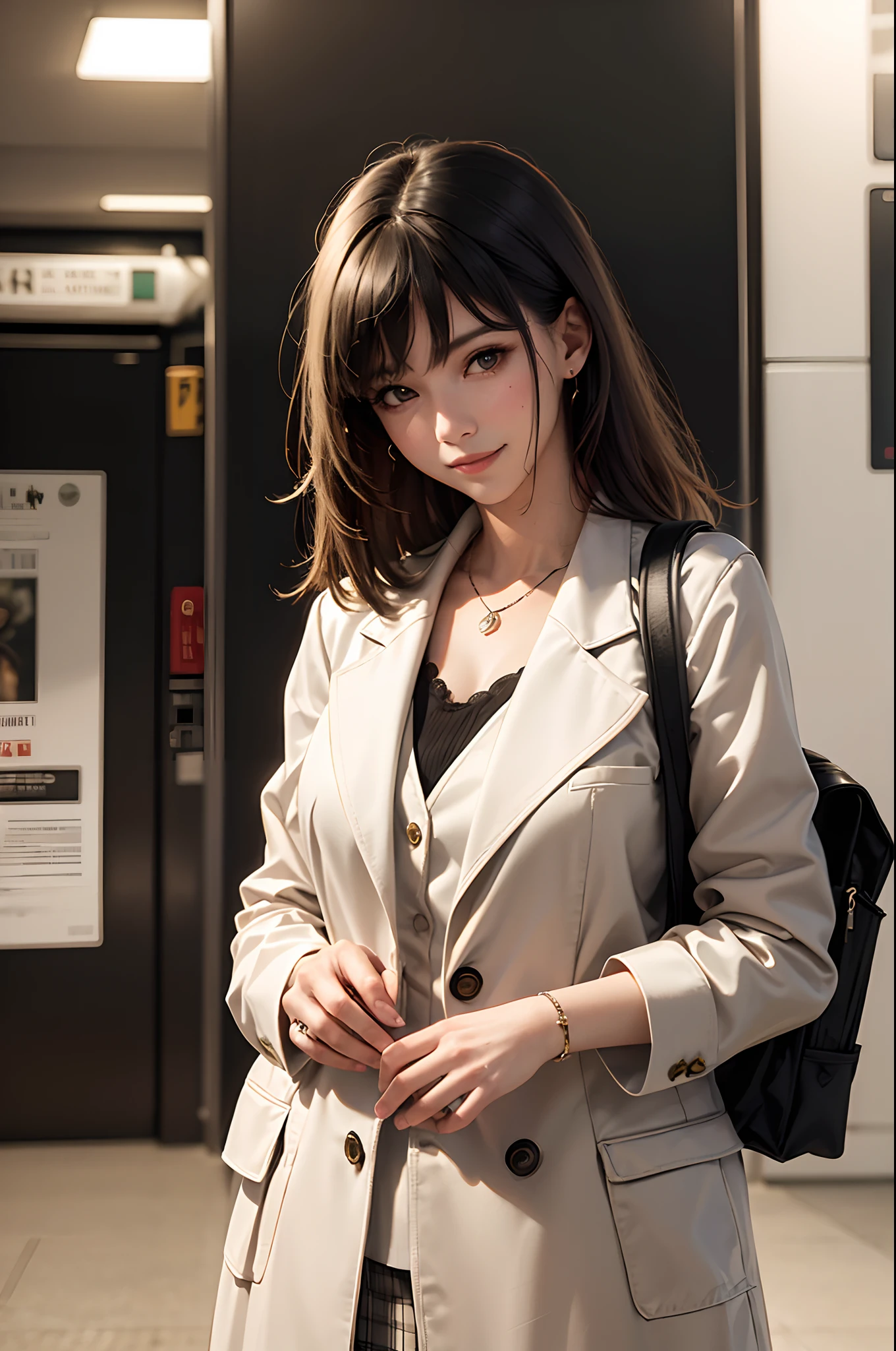 (Photorealistic:1.3), vignetted, depth of fields, masutepiece, Super Detail, High quality, awardwinning, girl, Solo, Smile, business clothes, Jacket, in subway station, Portrait Style, Half body shot, In New York, Fluorescent light