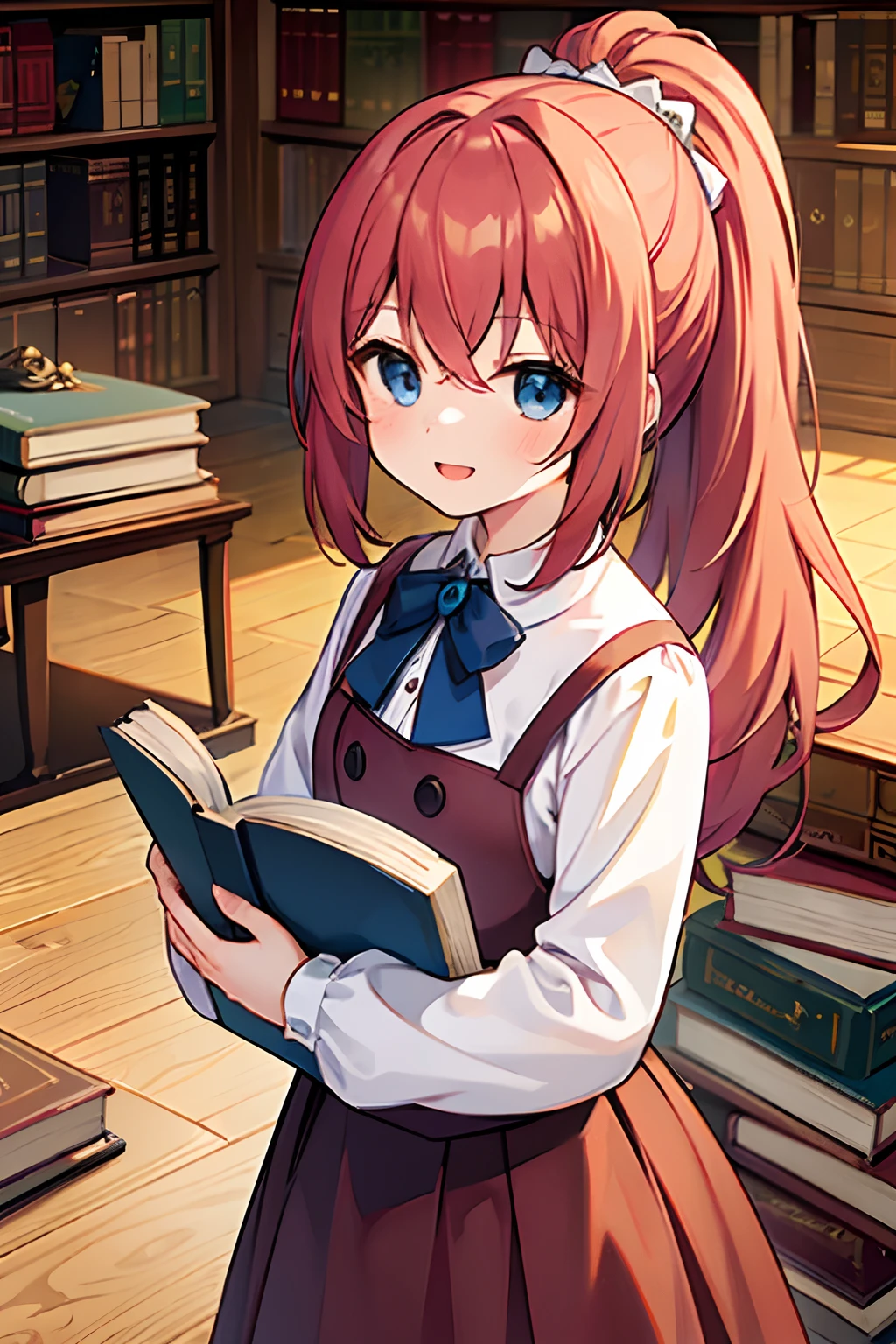 1girl, young girl, masterpiece, high quality, red hair, long hair, straight hair, ponytail, blue eyes, in the library, with many books, reading a book, wearing a white blouse, bright, happy, small smiling, standing against a bookcase