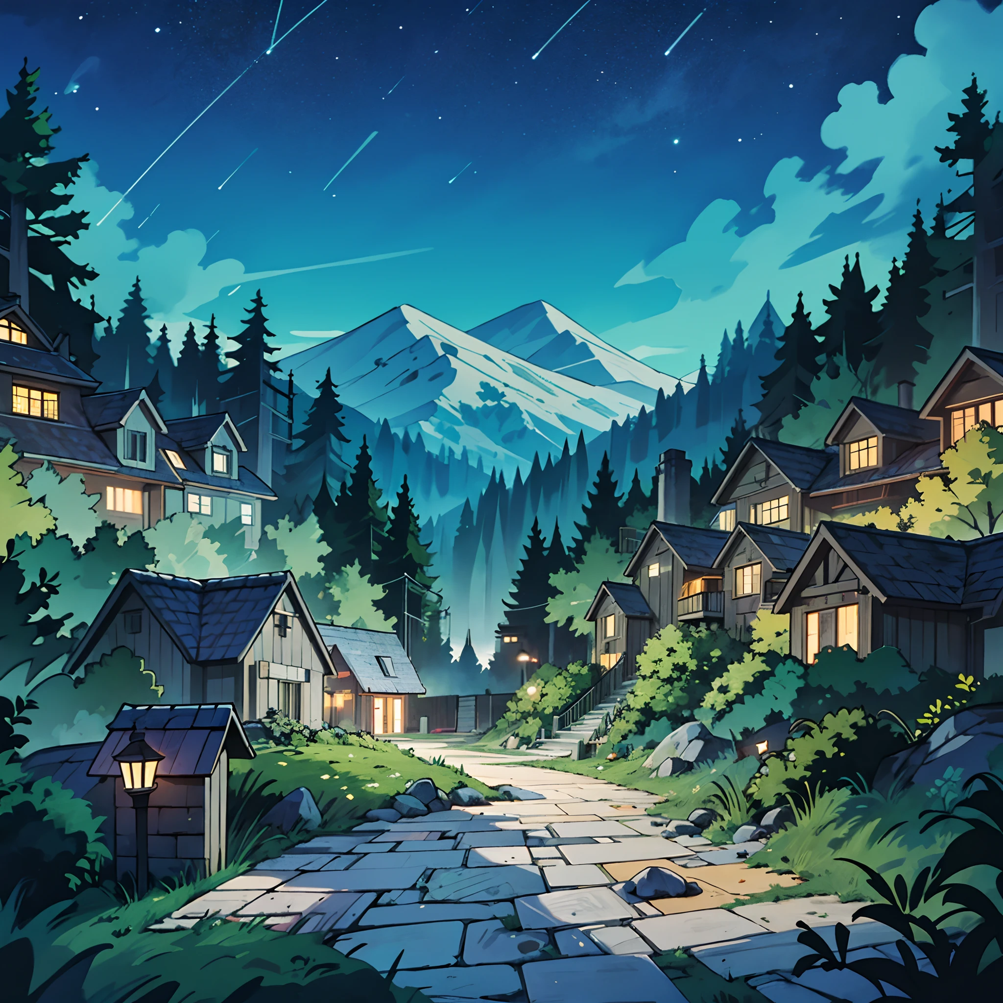 Wide shot of the forest summer night, wilderness with vibrant green trees and a bright, clear night sky, a apartments with stone walkway center to connect them together almost like a village. anime background