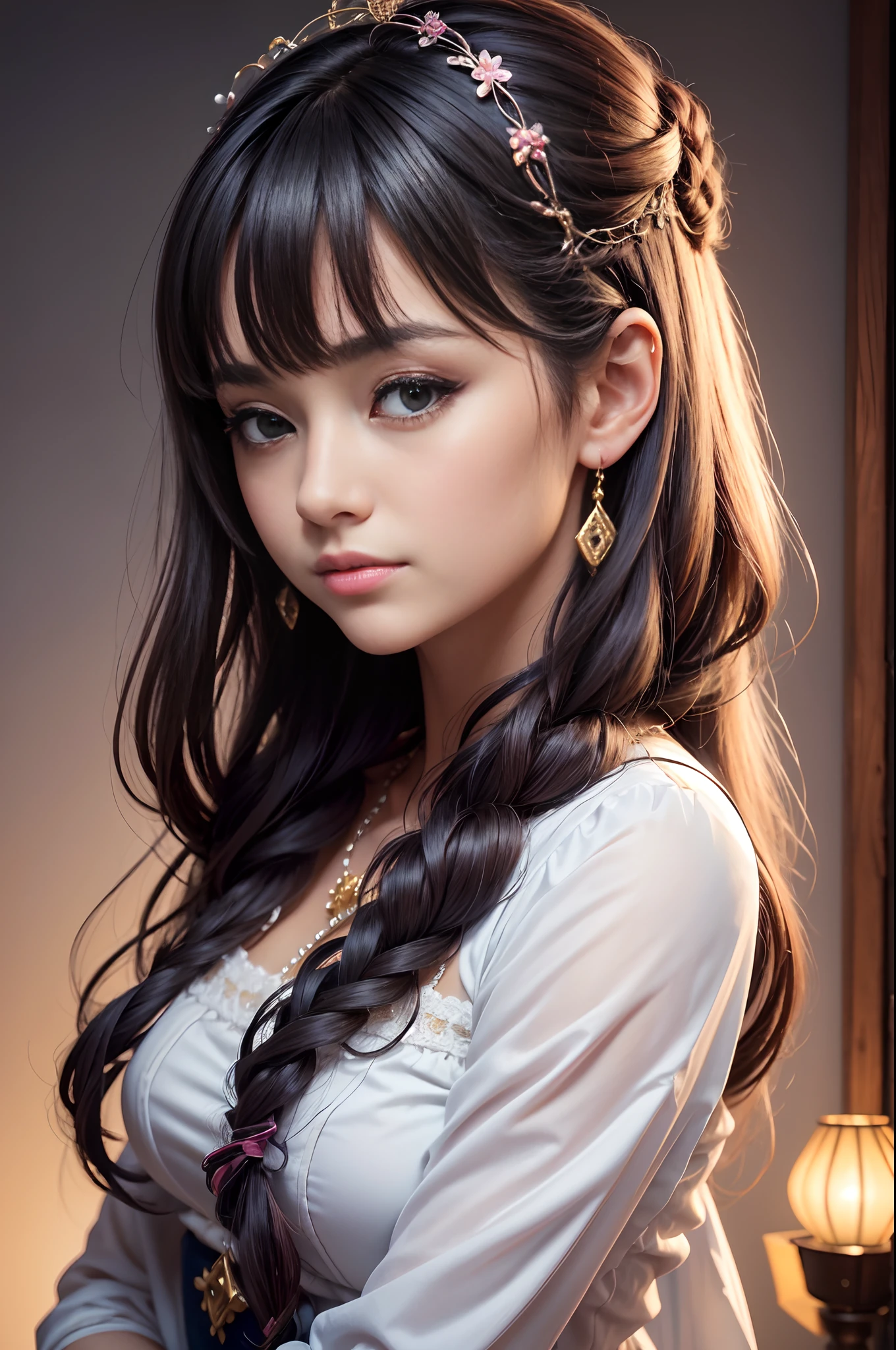 (Peitos Gigantes:1.3),Mulher Bonita,cabelos desgrenhados,menina adolescente,symmetrical bun,adornos de cabelo,(The face is delicate:1.2),(sombras:1.2),(Top Carmesim:1.2),Cobertura de corte,saia longa roxa,Estilo Dunhuang,bordados delicados,Black Streamer,white streamer,Pink Streamer,Pele fina e fina,efeito de luz suave,cabelos delicados e lisos,Detalhamento requintado,Destaque nos olhos,pele clara,retrato fino,Detalhe final,cinematic quality,ser magro,esbeltez;,Fragmentation,detalhe do cabelo,franja fina,cabelo xale,corpo correto,Sombreamento,Estrondos de ar,8k,Super meticuloso,Textura fina do tecido,maciez,forza,textura suave,Estilo Dunhuang,delicate pattern,correct hand,anatomia correta,acurate,a noite,Noite,lamplight,Efeito Dingdall,Traching de raias,Ecrã head-up,