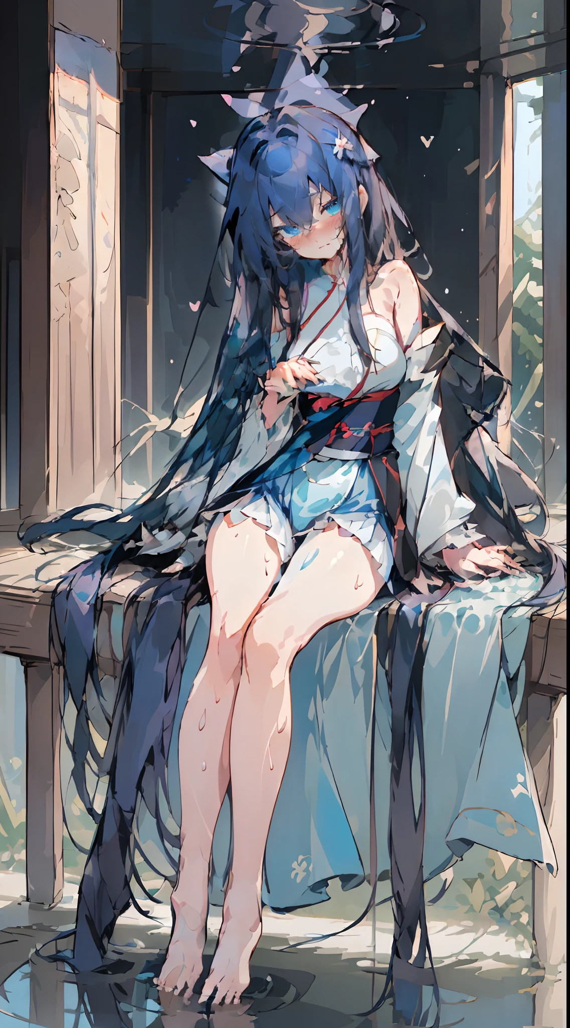 (Masterpiece, Best quality) (Masterpiece, Best quality) (Masterpiece, Best quality) ,1 girl, ((Blue eyes)), Delicate eyes, Dark blue hair, Long hair,Messy hair,Hairstyles, Blue Hanfu, Large breasts,( Slender legs:1.35), Barefoot,Wet,embarressed,((Blush)),Suffocating,full bodyesbian, Hand POV, Long sleeves, 鎖骨, , view the viewer, offcial art, Sketch, ,,Empty eyes,clench one's teeth,Bare shoulders,Highest image quality,Excellent hands,超高分辨率,