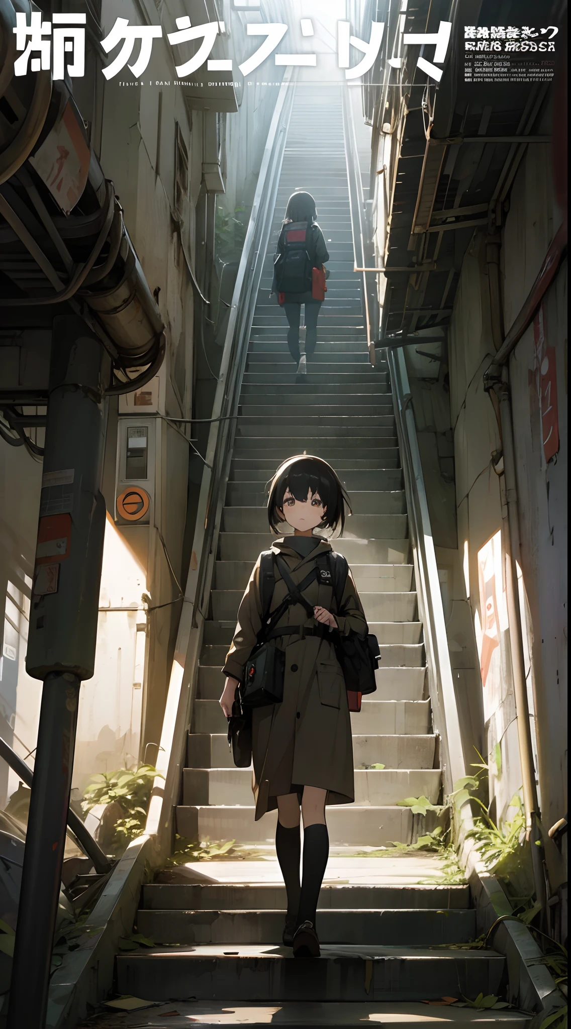 Anime girl stands on escalators, run-down, apocalyptic, overgrown, magazine cover, low angle