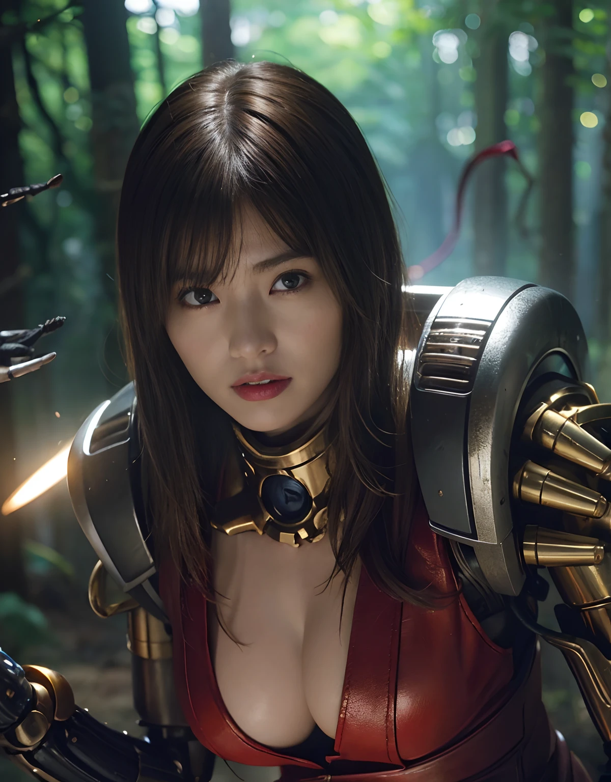 (Fierce battle with aliens)、top-quality、​masterpiece、超A high resolution、(Photorealsitic:1.4)、Raw photo、女の子1人、Golden hair、glowy skin、(((1 Mechanical Girl)))、With a beautiful knife、（Red Metal Bodysuit）、（Please wear a mechanical helmet）、(beautiful forest background)、Precipitous cliffs、(Small LED)、((super realistic details))、portlate、globalillumination、Shadow、octan render、（One-Eyed Scouter）、8K、ultrasharp、Colossal tits、Raw skin is exposed in cleavage、metals、Details of complex ornaments、Japan details、highly intricate detail、Realistic light、CGSoation Trends、Red Eyes、radiant eyes、Facing the camera、(Fierce battle with aliens)neon details、(Mechanical limbs)、(blood vessels connected to tubes)、Mechanical vertebrae attached to the back、mechanical cervical attaching to neck、(Wires and cables connecting to the head)、Gundam、Small LED、,Mechanical thighs、Toostock、（Hands are also made of machines）、（Please wear a mechanical helmet）、(Fierce battle with aliens)、