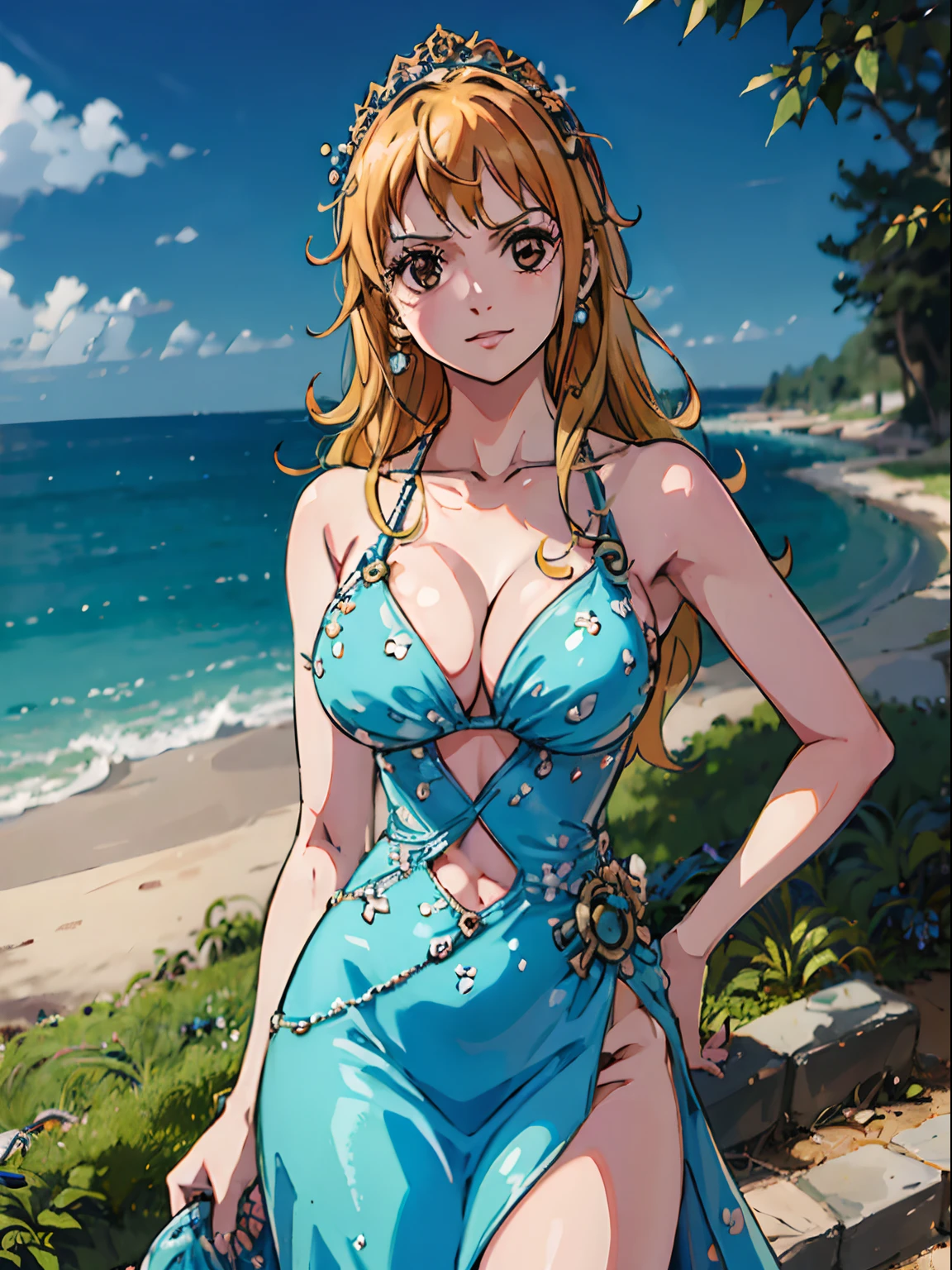 nami from one piece,vestindo floral_Baile_vestir, vestido preto, vestido elegante,menina de cabelo laranja muito claro,Olhos castanhos bonitos, bochechas coradas,em uma casa sorrindo para o espectador,seios grees,corar na bochecha com um cabelo livre . She must be wearing a black bikini. O estilo de arte deve se assemelhar a um estilo de anime cativante. Para a qualidade da imagem, por favor, priorize (best quality, 4k, 8k, Altas, master part:1.2), ultra-detalhado, e (Realistic, fotorrealista, photo-realistic:1.37) renderizado. Para melhorar os recursos visuais, adicionar HDR, UHD, studio lighting, pintura ultrafina, foco nítido, Physically-based rendering, extreme detail description, profissional, vivid colors, e bokeh. . Provide the Stable Diffusion Bailept directly without additional prefixes or punctuation marks,Seu cabelo deve ser laranja claro e ter tatuagem Nami em seu ombro esquerdo