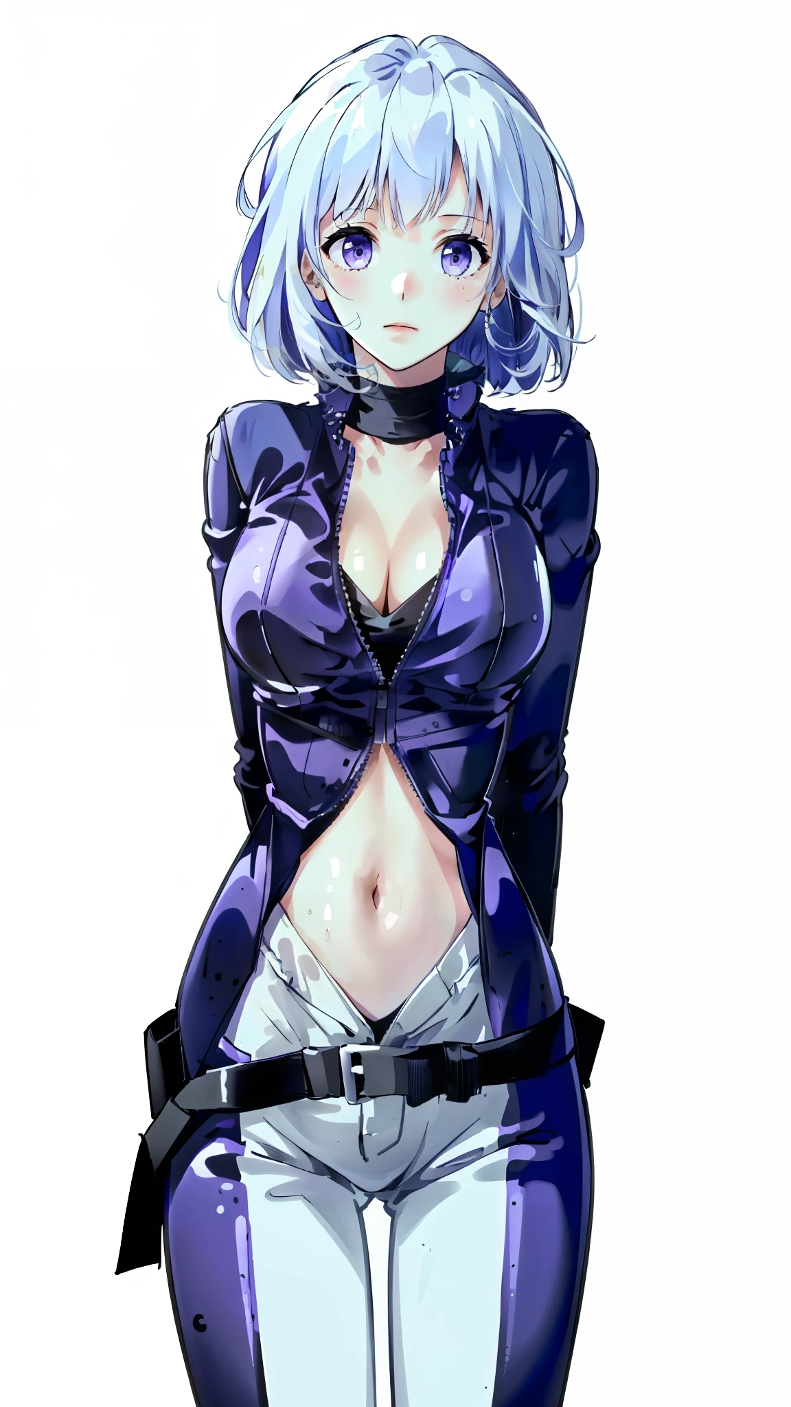 ((((masterpiece, best quality, high resolution)))), latex bikesuit, (1girl:1.5), (large breasts: 1.2), solo, cleavage, white hair, bob cut, purple eyes, looking at viewer,  white background, simple background, arms behind back, cowboy shot, white hair, bob cut, full-length zipper, open clothes, open chest
