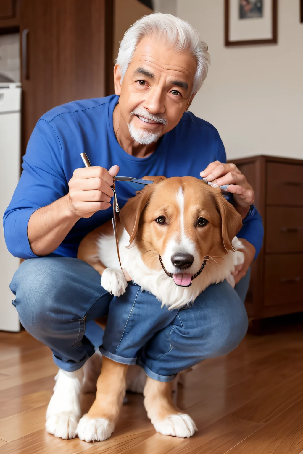 um homem com 60 anos, bonito, com cachorro, olhando pra camera, em uma bela casa