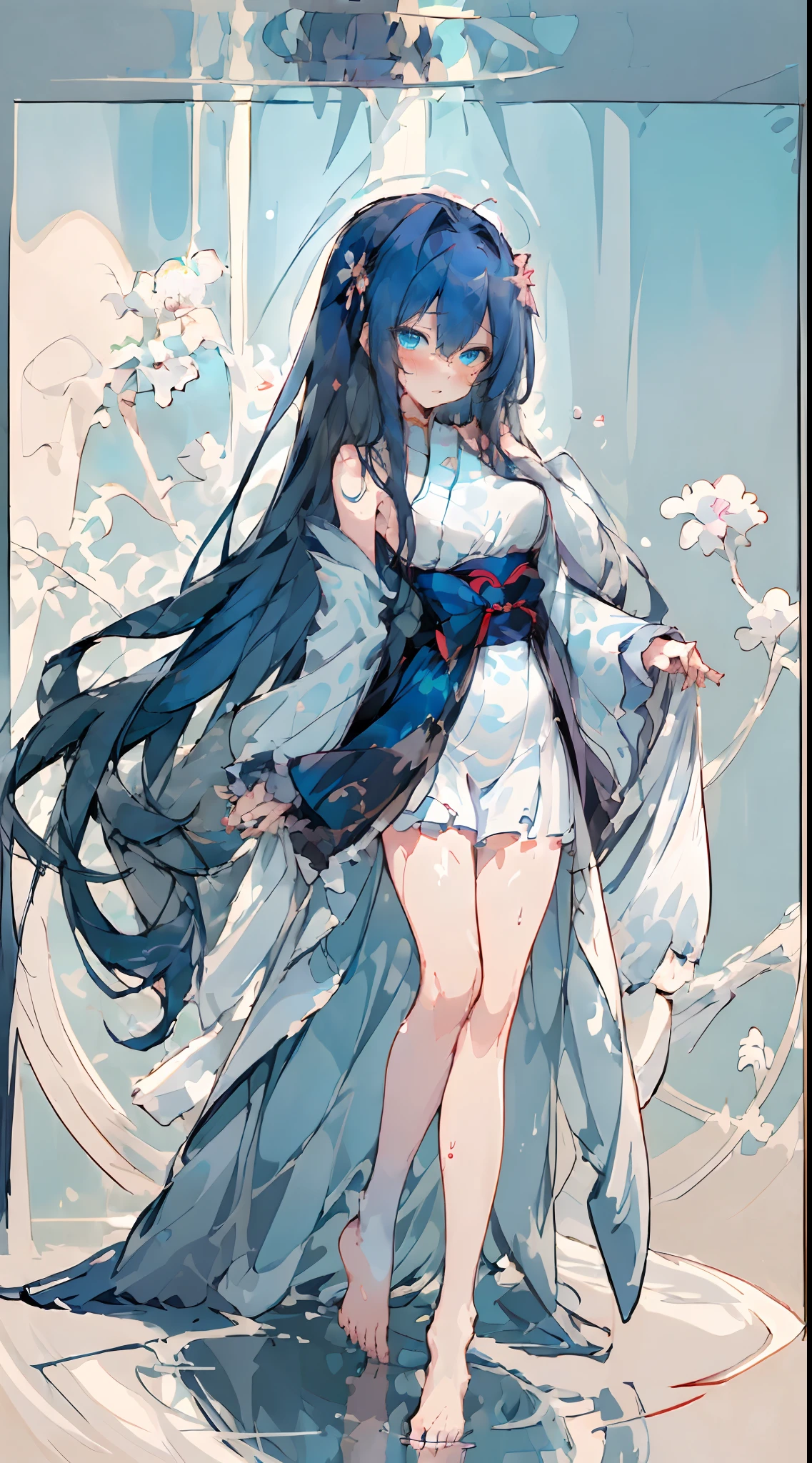 (Masterpiece, Best quality) (Masterpiece, Best quality) (Masterpiece, Best quality) ,1 girl, ((Blue eyes)), Delicate eyes, Dark blue hair, Long hair,Messy hair,Hairstyles, Blue Hanfu, Large breasts,( Slender legs:1.35), Barefoot,Wet,embarressed,((Blush)),Suffocating,full bodyesbian, Hand POV, Long sleeves, 鎖骨, , view the viewer, offcial art, Sketch, ,,Empty eyes,clench one's teeth,Bare shoulders,Highest image quality,Excellent hands,超高分辨率,
