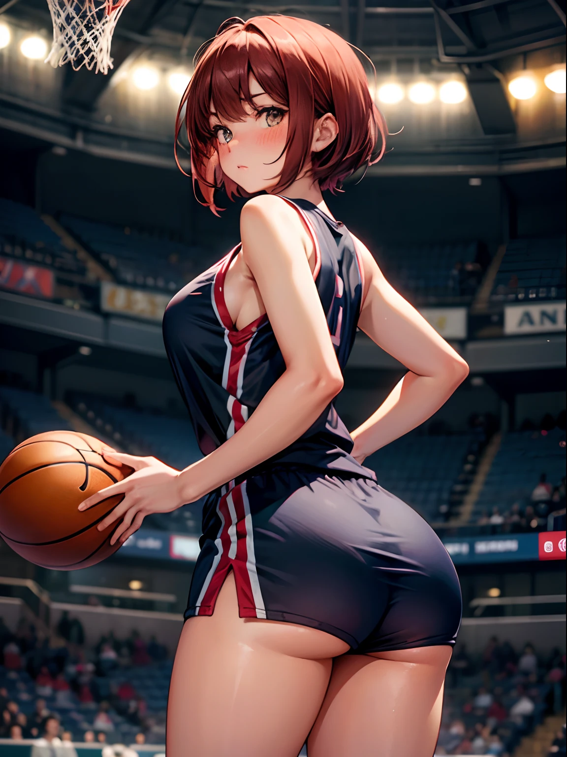 upturned ass,basketball,basket ball uniform,large full breasts,Gymnasium,Show the subject from behind,red blush, Short hair