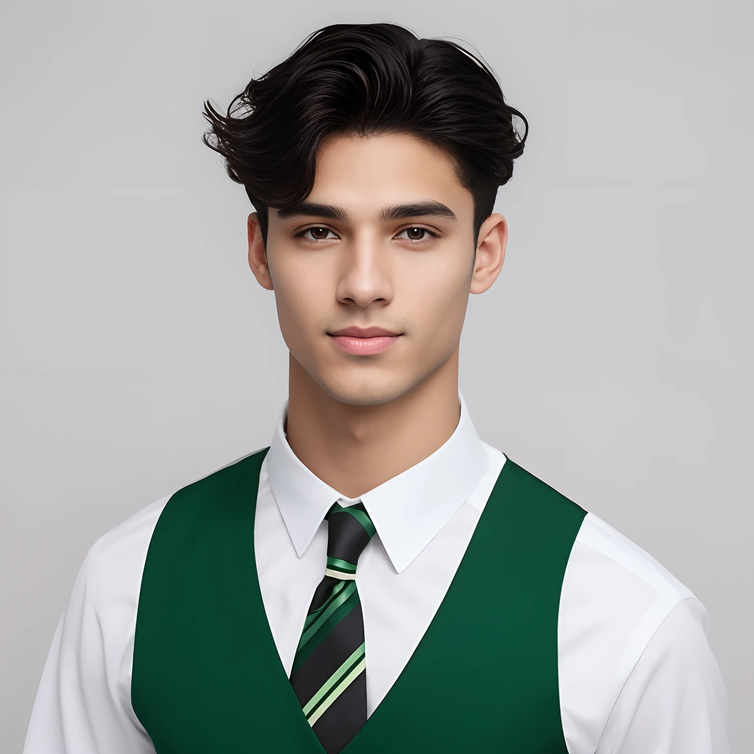 Rapaz vestindo um colete preto e uma gravata preta, vestindo uma camisa com gravata, usando colete e gravata, model is wearing techtical vest, modelo bem cuidado, usando uniforme escolar, wearing collar on neck, usando uniforme escolar, Macho bonito, linha angular do maxilar, Windsor ties knot, bonito e atraente, jovem bonito, adulto jovem masculino, Brent Assayag 8k