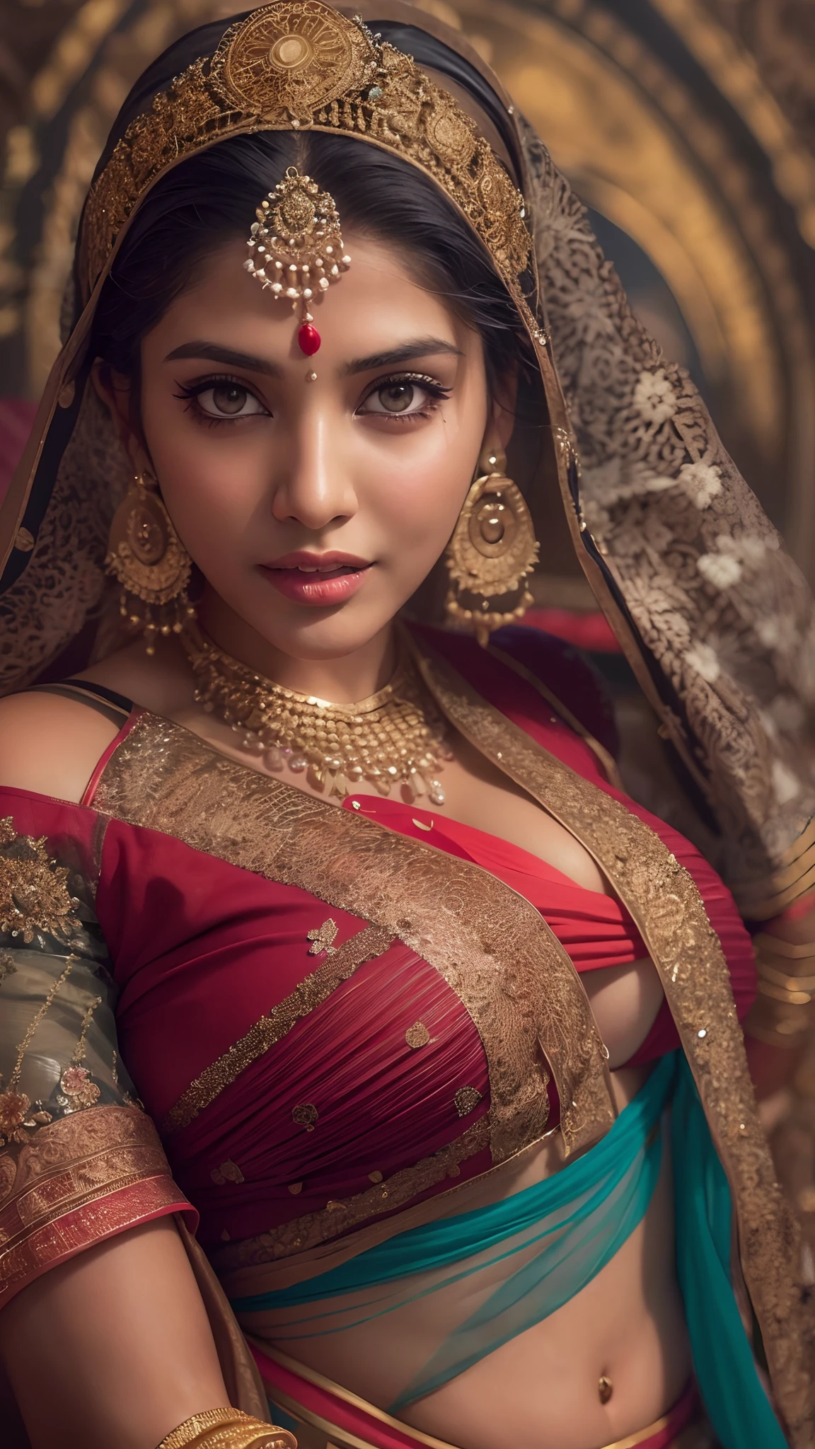 a woman in a sari posing for a picture, indian goddess, traditional beauty, indian, beautiful goddess, ornate cosplay, indian style, indian super model, beautiful maiden, gorgeous woman, south east asian with long, provocative indian, gorgeous beautiful woman, intricate outfit, hindu aesthetic, beautiful asian girl, extremely detailed goddess shot, jaw-dropping beauty, big boobs deep cleavage sexy navel, big boobs deep cleavage, sexy indian women, massive boobs in sexy bikni fusion full body