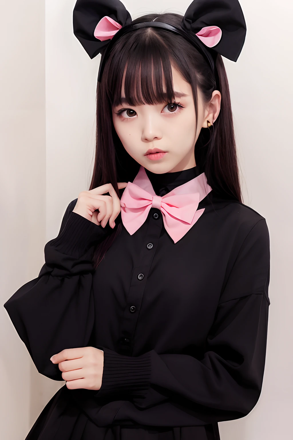 Black mask,PINK SHIRT,Cosplay, jirai kei, Bangs, Black skirt, Black bow, Looking at Viewer, Bow, Long sleeves, Choker, bow ribbon,Pink lips