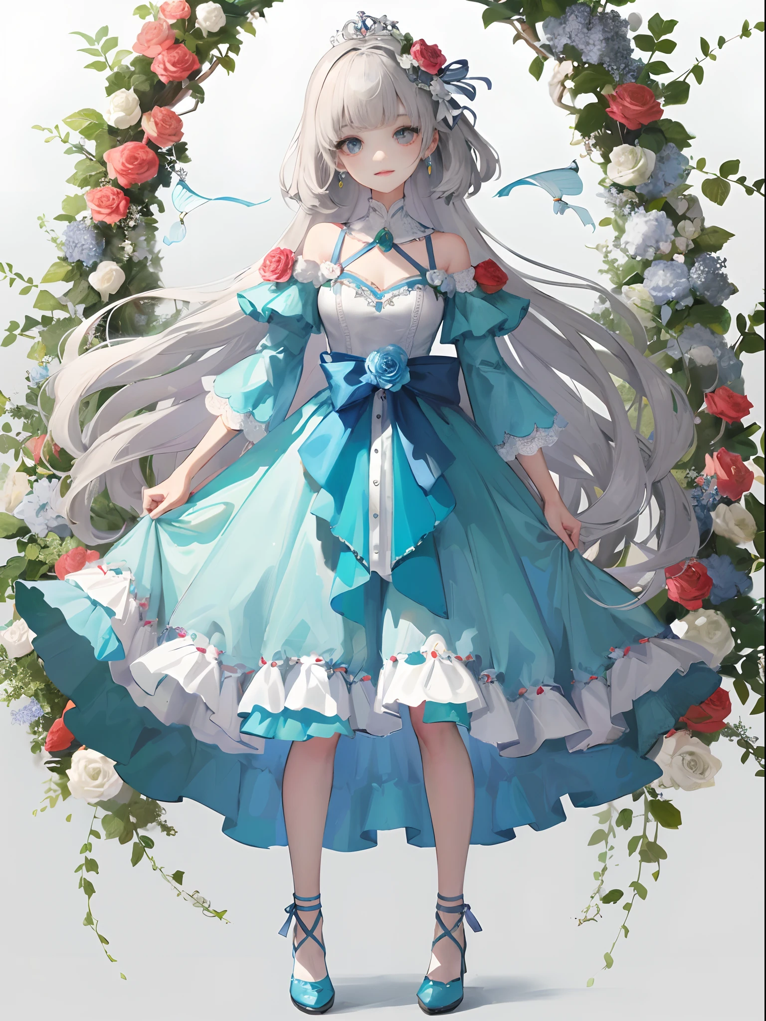 (tmasterpiece、top-quality、illustratio、Extremely high quality、high-level image quality、Extremely sensitive writing)Girl with long silver hair standing in beautiful flowery garden、A slight smile、beast ear,standing on your feet,,She has a large bouquet、Lovely dress,There are ruffles on the shoulders、Trimmed skirt,Pattern,Translucent frontal photo,shoe, Close-up of princess shoes,leges, long skirt