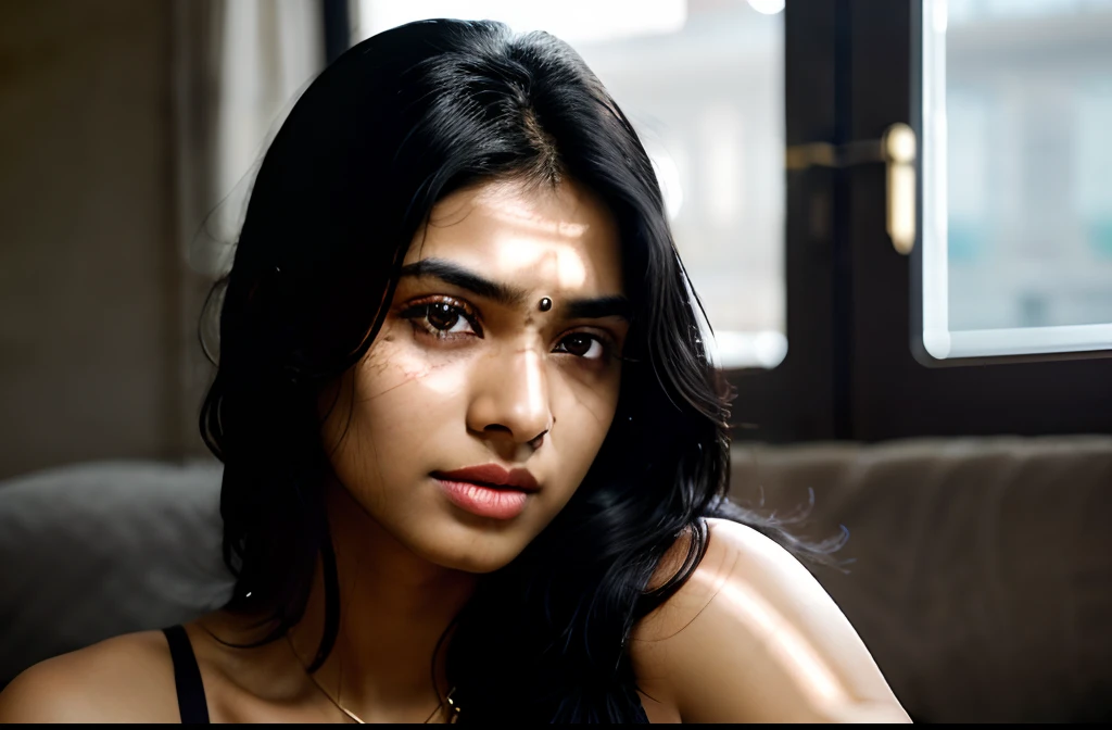 RAW photo, innocent 24 year Indian, black hair, pubic hair, black eyes, photo realistic, (high detailed skin:1.2), 8k uhd, dslr, soft lighting, high quality, film grain, Fujifilm XT3, accurate anatomy