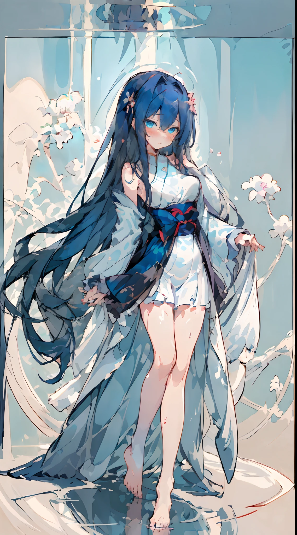 (Masterpiece, Best quality) (Masterpiece, Best quality) (Masterpiece, Best quality) ,1 girl, ((Blue eyes)), Delicate eyes, Dark blue hair, Long hair,Messy hair,Hairstyles, Blue Hanfu, Large breasts,( Slender legs:1.35), Barefoot,Wet,embarressed,((Blush)),Suffocating,full bodyesbian, Hand POV, Long sleeves, 鎖骨, , view the viewer, offcial art, Sketch, ,,Empty eyes,clench one's teeth,Bare shoulders,Highest image quality,Excellent hands,超高分辨率,