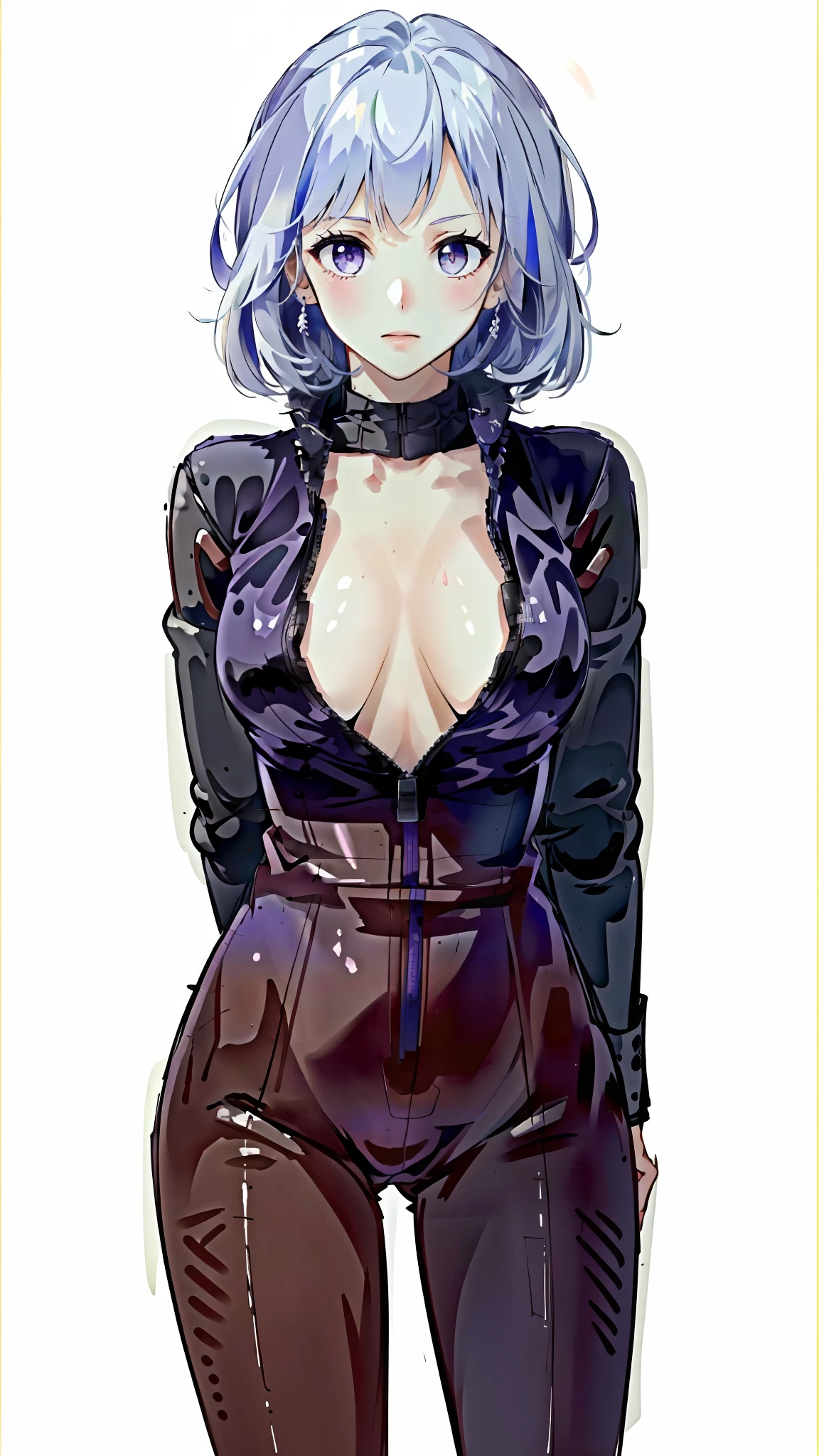 ((((masterpiece, best quality, high resolution)))), latex bikesuit, (1girl:1.5), (large breasts: 1.2), solo, cleavage, white hair, bob cut, purple eyes, looking at viewer,  white background, simple background, arms behind back, cowboy shot, white hair, bob cut, full-length zipper, open clothes, open chest