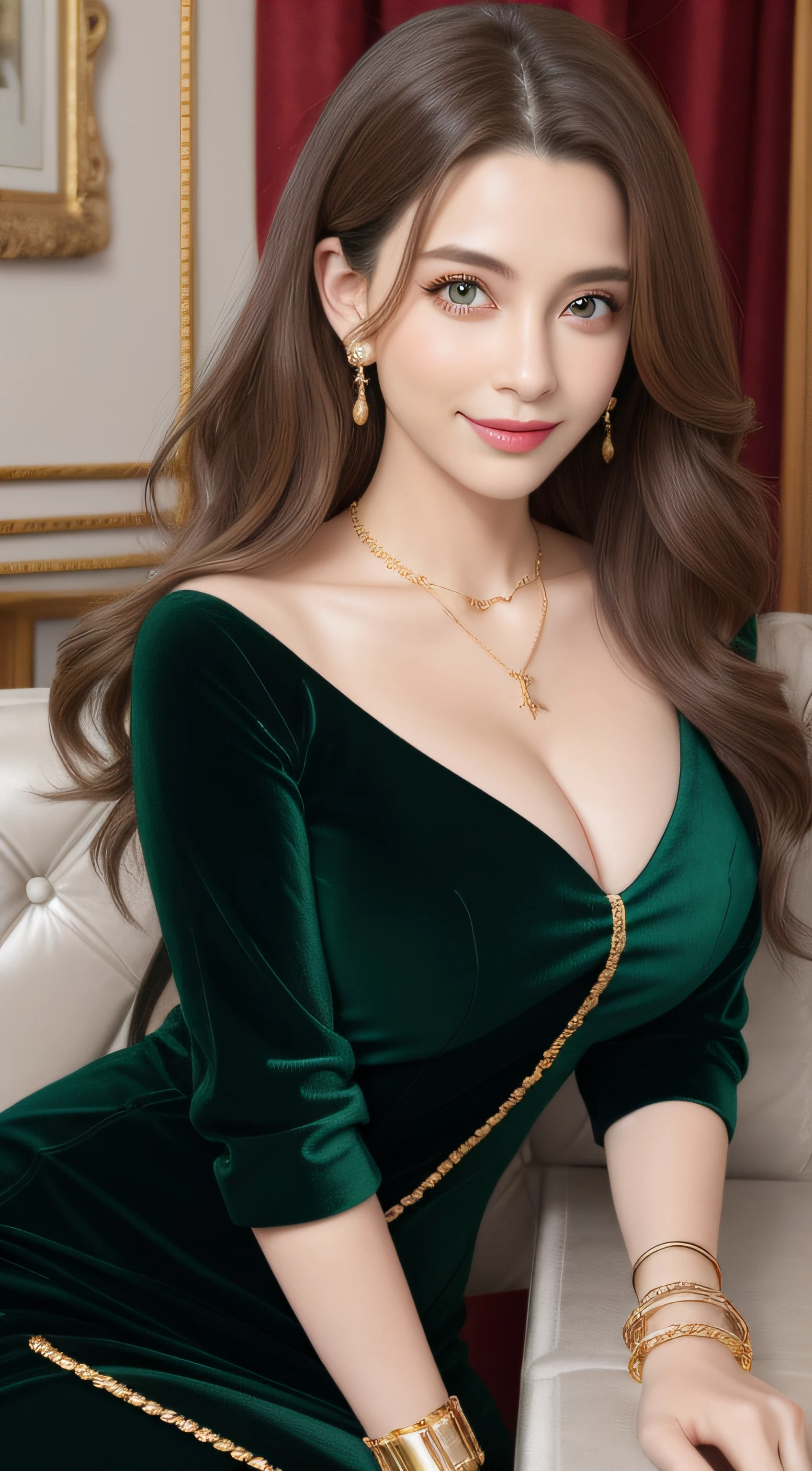 Please change to Asian women、Changed face to Japan girl、Keep hair intact、Eye color changed to black、((20yr old) ), hair ((Light brown, long, Wavy)), Eyes ((A black)),Dress ((velvet, brown, Green)), Accessories ((Diamond necklace, Gold Bracelet, Diamond earrings, hair clips)), huge-breasted, Colossal tits, oppai, Smile, Classic House, livingroom,