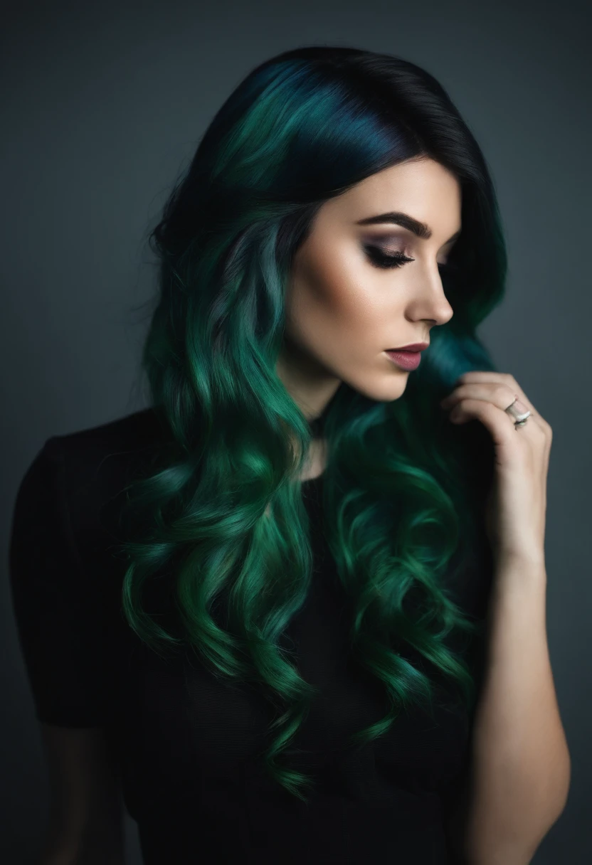 a woman with green hair and black dress posing for a picture, charli bowater, kailee mandel, 19-year-old girl, oil slick hair, oil slick, arian mark, lorde, inspired by Glòria Muñoz, violet myers, green and black hair, raven hair, oil slick multicolored hair, lily frank