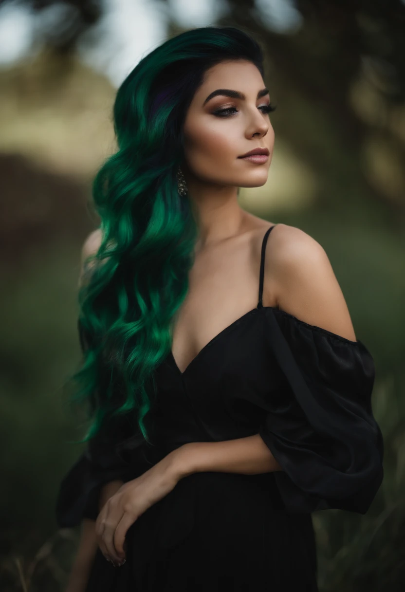 a woman with green hair and black dress posing for a picture, charli bowater, kailee mandel, 19-year-old girl, oil slick hair, oil slick, arian mark, lorde, inspired by Glòria Muñoz, violet myers, green and black hair, raven hair, oil slick multicolored hair, lily frank