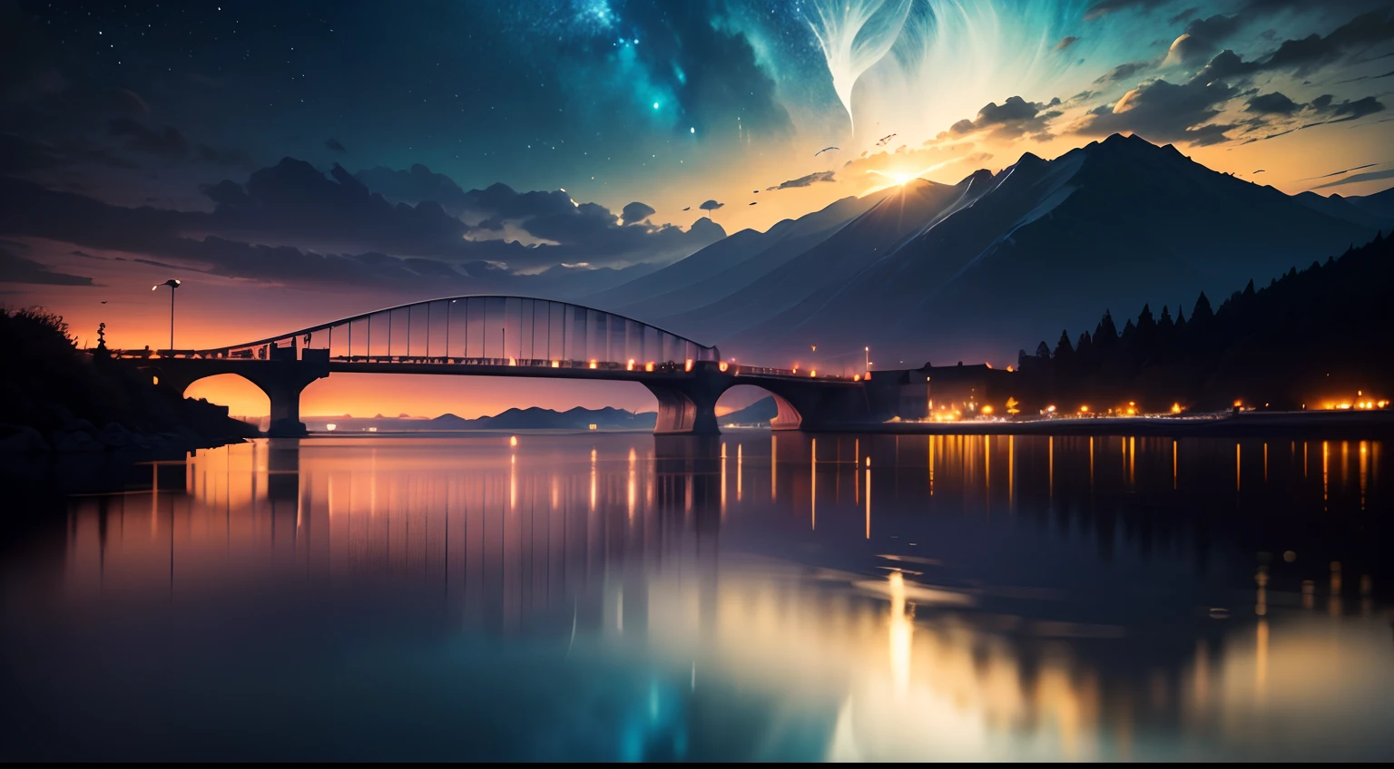 (best quality,4k,8k,highres,masterpiece:1.2),ultra-detailed,(realistic,photorealistic,photo-realistic:1.37),bridge of memories,blue dream,night by the seaside,blue bioluminescence in the sea,illustration,oil painting,deep shades of blue,purple hues,soft glowing lights,shimmering stars,peaceful atmosphere,still water,reflection of the bridge and stars,calm ocean waves,distant mountains,serenity,tranquility,dreamlike scene,moonlight,silhouette of a girl standing on the bridge,hints of nostalgia,soft brushstrokes,fine details of the bridge's structure,ethereal beauty,whispers of the past,touch of mystery,moving clouds in the night sky,gentle breeze,rhythmic sound of waves,seagulls flying by,captivating scenery,utmost serenity.