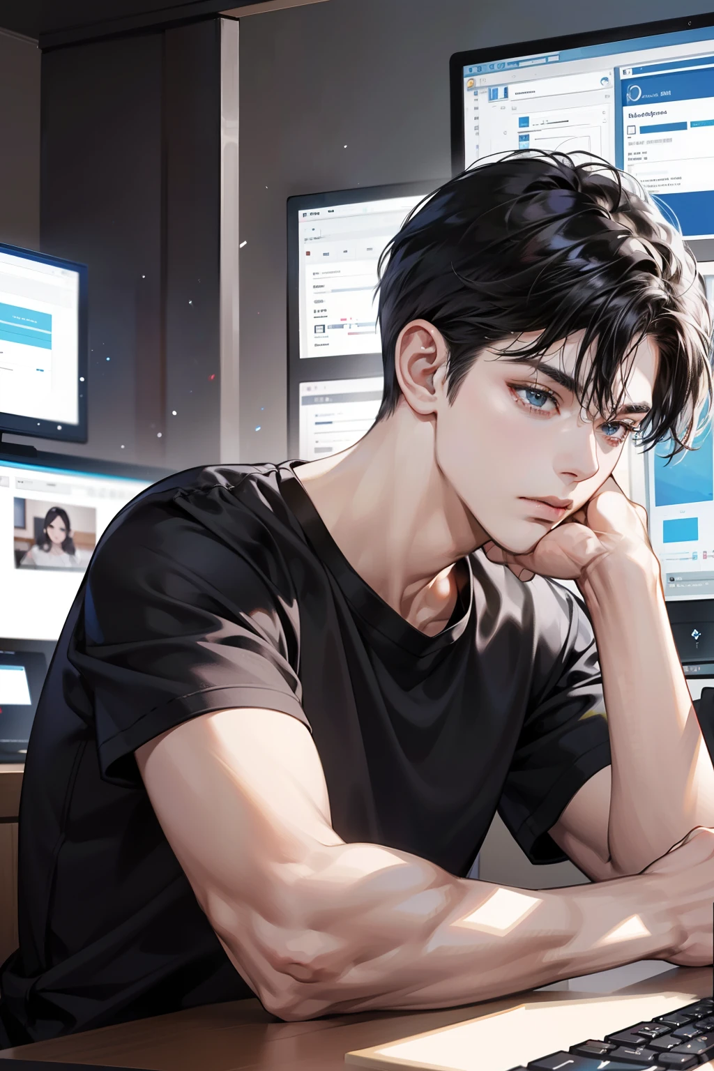 tmasterpiece，high high quality，Best quality at best，k hd，realisticlying，perfect litthing，Detailed body，1 man，with short black hair，Black shirt，calm expression，Facing the computer monitor，Being in the room
