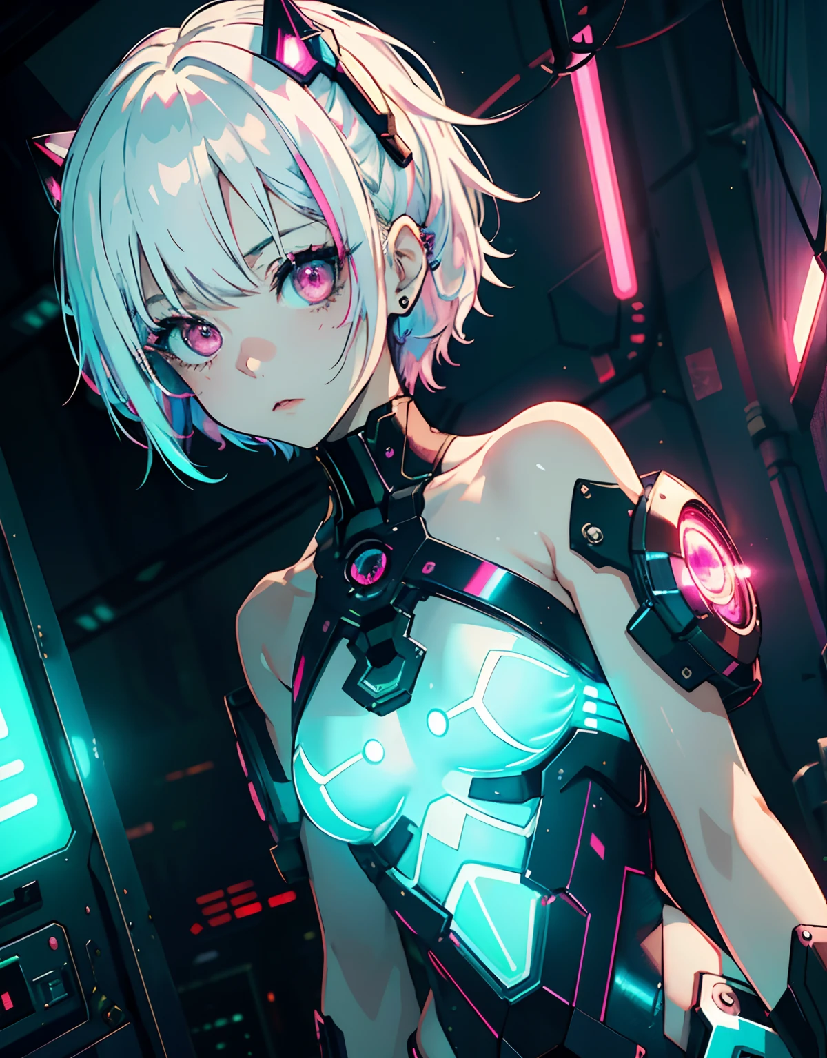 ((masterpiece, best quality)), (1girl, anime girl in cyberpunk style),(loli, little girl, pale skin, neon glow, unreal engine), (solo), (female focus), (white hair, bob hair),pink eyes, ((exposed shoulder, cyberpunk armor)), pale skin, evil, vicious, yandere, portraits, close up, upper body, vibrant colors, soft lighting