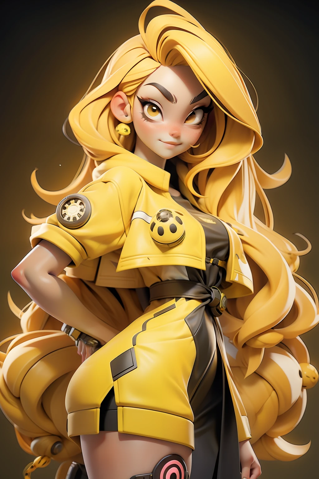 girl wearing yellow cyberpunk dress , half futuristic, mixed of big ladybug spot, long tied blond hair