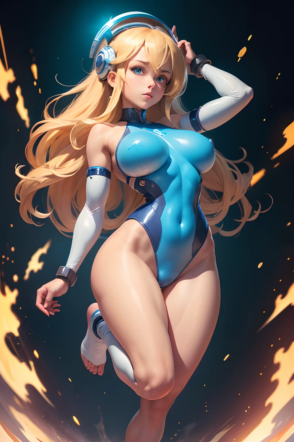 (masterpiece), best quality, expressive eyes, perfect face, long wavy blonde hair, blue eyes, full cyan bodysuit, blue gloves, mega man art style, blue and pink helmet, big breasts, blue thong, full body, transparent background, no shoes, bare feet, naked feet, beautiful feet, full body view of barefooted blonde female megaman running in a platform, front view, action pose, thick thighs, thigh gap, cameltoe, big breasts, hard nipples, perky tits,