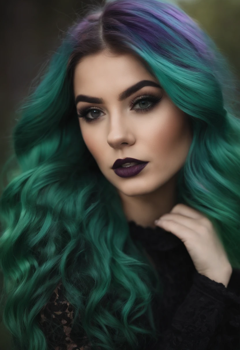 a woman with green hair and black dress posing for a picture, charli bowater, kailee mandel, 19-year-old girl, oil slick hair, oil slick, arian mark, lorde, inspired by Glòria Muñoz, violet myers, green and black hair, raven hair, oil slick multicolored hair, lily frank
