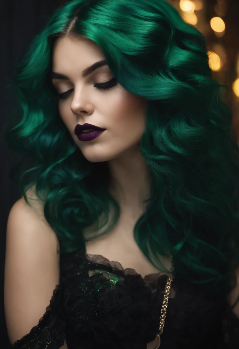 a woman with green hair and black dress posing for a picture, charli bowater, kailee mandel, 19-year-old girl, oil slick hair, oil slick, arian mark, lorde, inspired by Glòria Muñoz, violet myers, green and black hair, raven hair, oil slick multicolored hair, lily frank