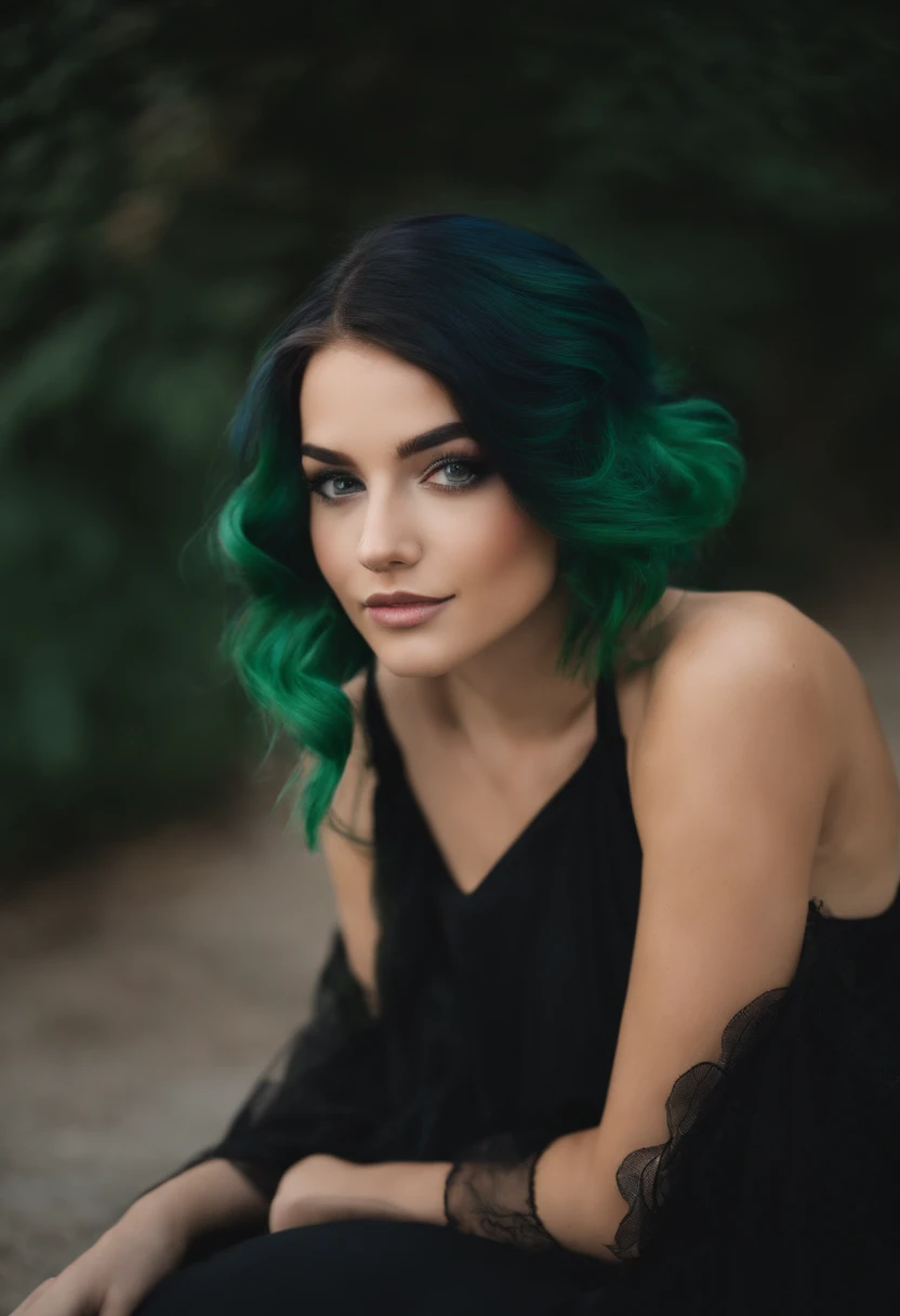 a woman with green hair and black dress posing for a picture, charli bowater, kailee mandel, 19-year-old girl, oil slick hair, oil slick, arian mark, lorde, inspired by Glòria Muñoz, violet myers, green and black hair, raven hair, oil slick multicolored hair, lily frank