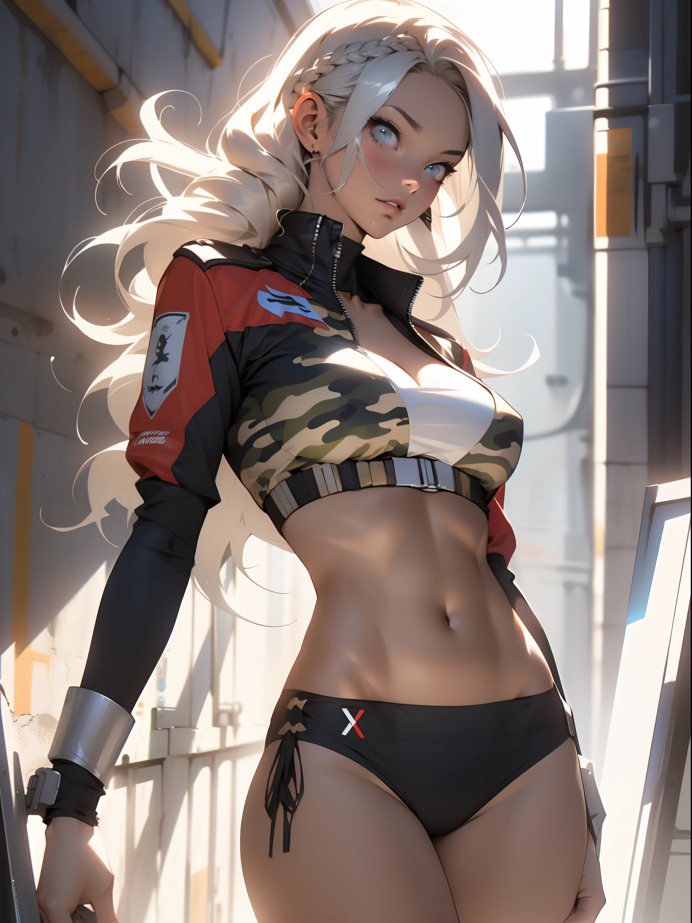 ((Best quality)), ((Masterpiece)), (Detailed: 1.4), (Absurde), A female fighter pilot ready for war in a military bikini, marin, dark skinned, Sculpted body defined, corps entier, Cuisses nues, mouth closed,  Cyberpunk, half-naked, generous neckline, ((Perfect huge breasts)), (Yeux bleu clair super clairs sans pupilles), (((Bikini camouflage militaire)),  (((cheveux blancs avec tresse)))), longs cils maquillage lourd, porte-jarretelles, jumeler beaucoup, niji --V5, close to real, psychopathe, visage parfait, sexy pose, Background with a giant Evangelion head, 2 piece clothes, cake, centered, scale to suit dimensions, Hdr (High Dynamic Range),Ray Tracing, NVIDIA RTX,Super-Resolution,Unreal 5,Dispersion souterraine, PBR Texture, Post-traitement, Filtrage anisotrope, profondeur de champ, Maximum Clarity and Sharpness, Textures multicouches, Albedo and specular maps, Ombrage de surface, Accurate Simulation of Light-Material Interaction, Proportions parfaites, Rendu octane, two tone lighting, Grande ouverture, ISO faible, Balance des blancs, Rule of Thirds, 8K RAW, Crysisnanosuit Bikini, thigh gap, belles hanches,  slender thighs, show knees