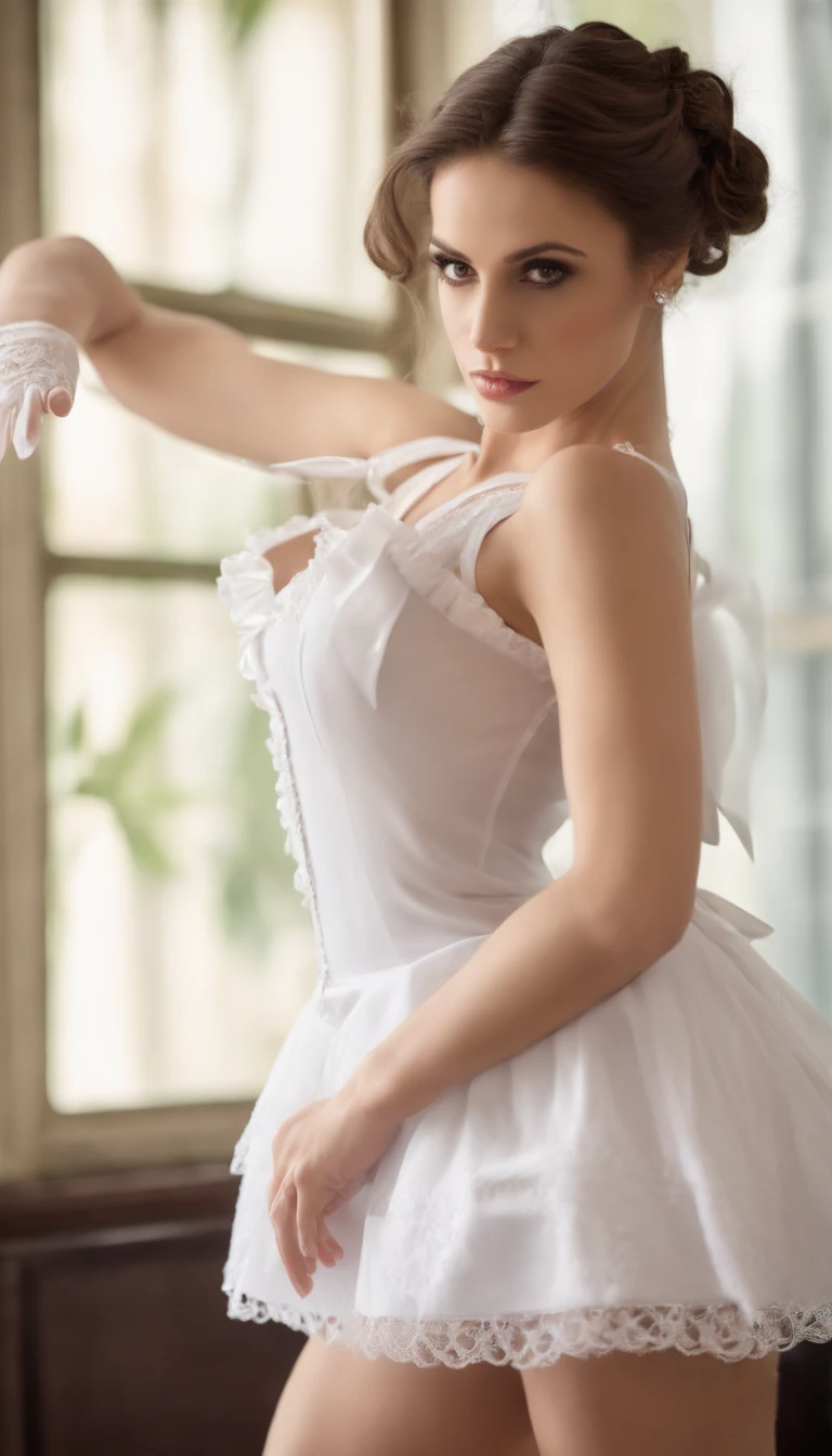 1girl, Elena Koshka and Shakira. Dark brunet, hairstyle: ponytails. intricate maid touching her medium brest, best quality, ((beautiful eyes)), breasts, sexy
, medium size round brest, 
 perfect_eyes, Brunete, standing_straight, facing forward, pale body, smooth skin, perfet eyes, great eyebrows, eyeliner, shyvsmile, slim, slender, thinnwaiste, curly hair, gold loop earing hoops, slim long legs, closed Stiletto highheels, ((wide leg stance:1.1)), ((cameltoe)), camel_toe, (medium_erky_tits), ((thighgap:1.2)), ((legs_apart))
(european,spanish,italian), (forward facing), (cameltoe:1.3), camel_toe, maid cosplay, maid, stockings, tulle balerina black skirt