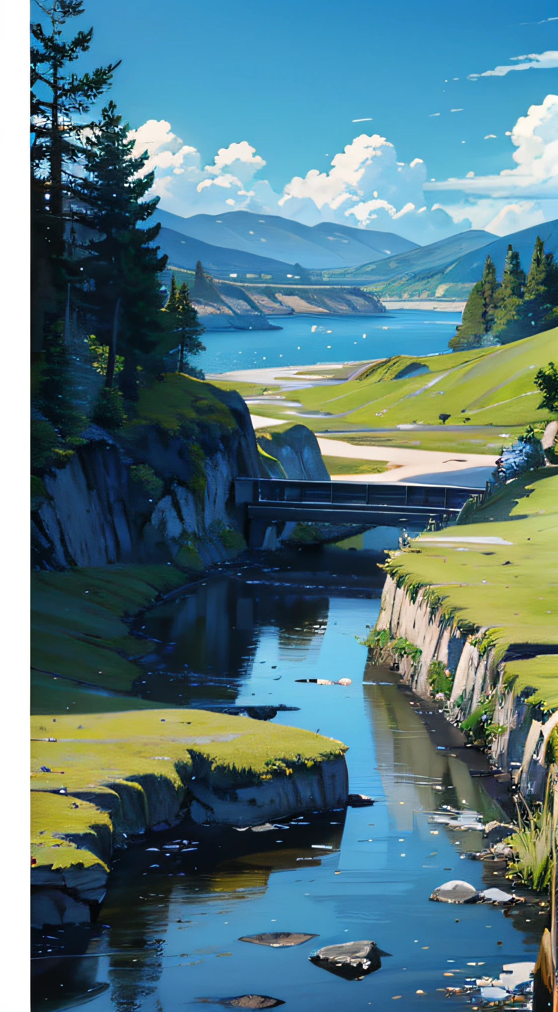 (scenery, masterpiece, best quality:1.6), no human, landscape, 8k, raw photo, absurdres, (open sky,blue sky:1.2), cloud, river, a small wooden house with a ramp to the river, Rockey shores (woods, small waterfall, weeds:0.8), perspective, depth of field, HDR, sharp focus, highres, photography, realistic, highest detailed, extreme detailed, ultra detailed, finely detail