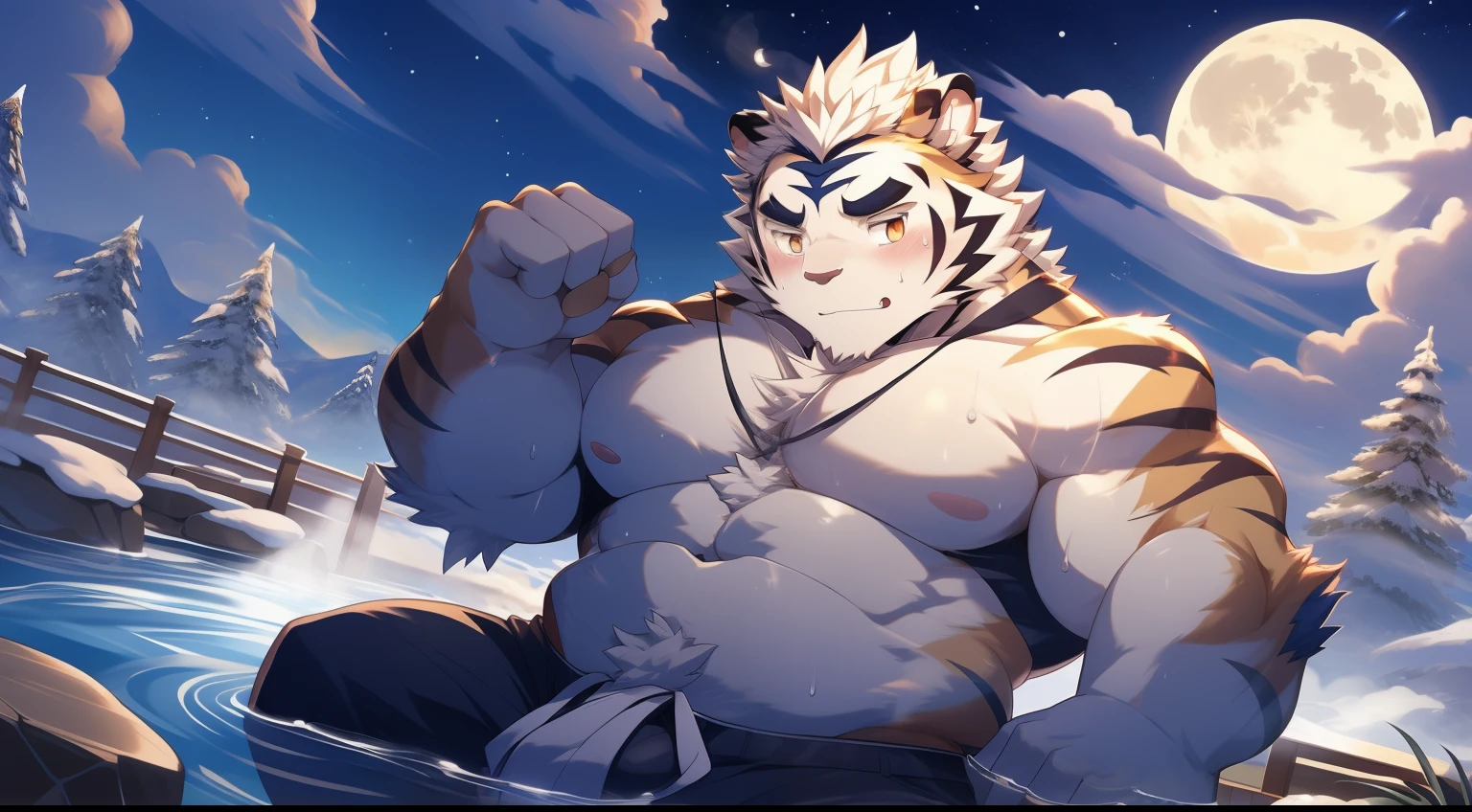 tmasterpiece，the night，Anthropomorphic tiger，male people，26 year old，Thick eyebrows，Yellow fur，Strong body，large pecs，bare full body，Pink milk clusters，White six-foot trousers，medium bulge，Soak in an open-air hot spring，vapour，sweat leggs，Mysterious Expression，looking toward the viewer，Golden pupils，Strong，A huge full moon in the sky，Auspicious clouds，Solo，frontage，Full body photo