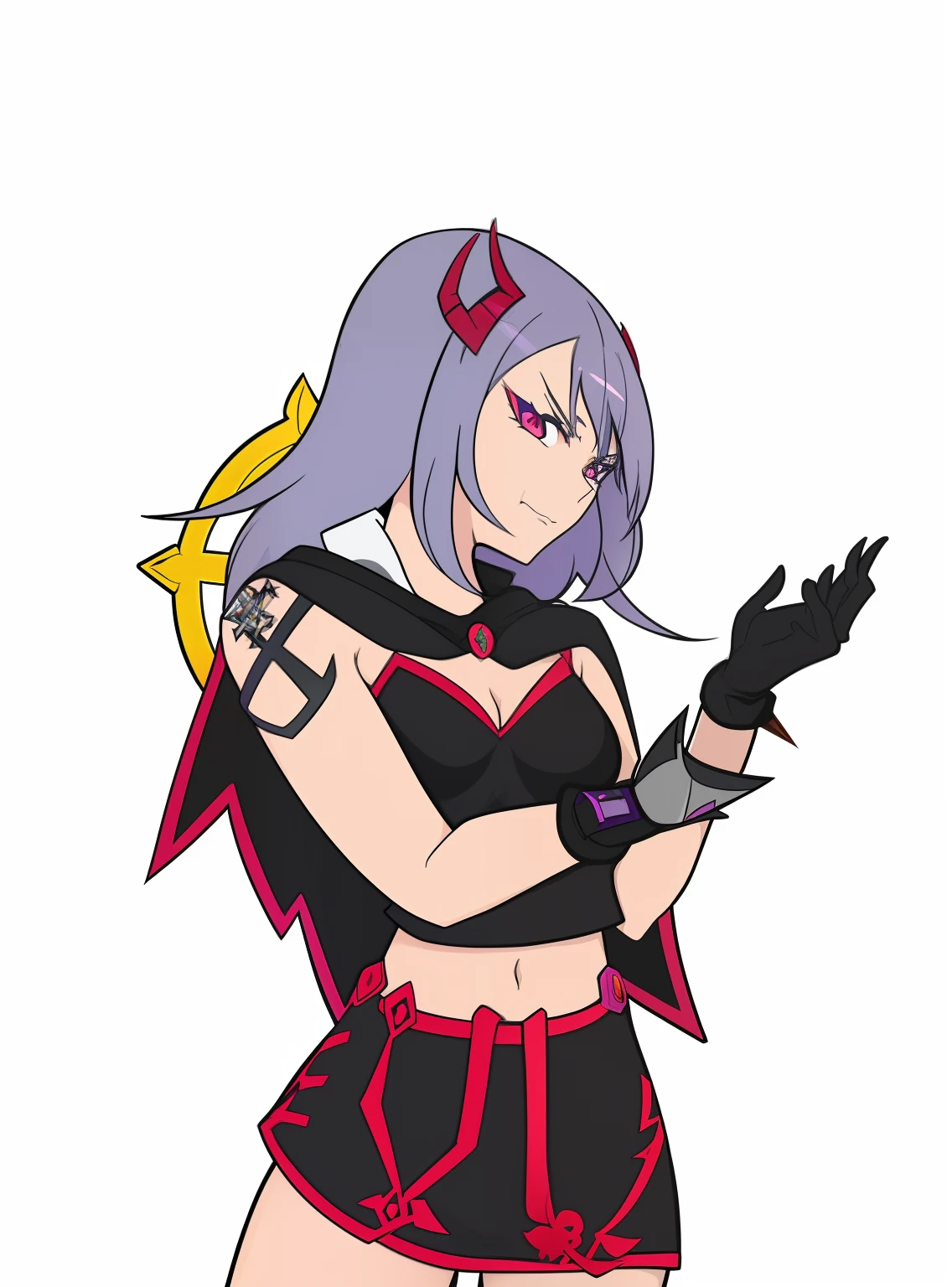 a close up of a cartoon of a woman in a purple outfit, shalltear from overlord, dark sorceress full view, /!\ the sorceress, shalltear bloodfallen, katanas strapped to her back, evil sorceress, mighty plump female sorceress, succubus in tight short dress