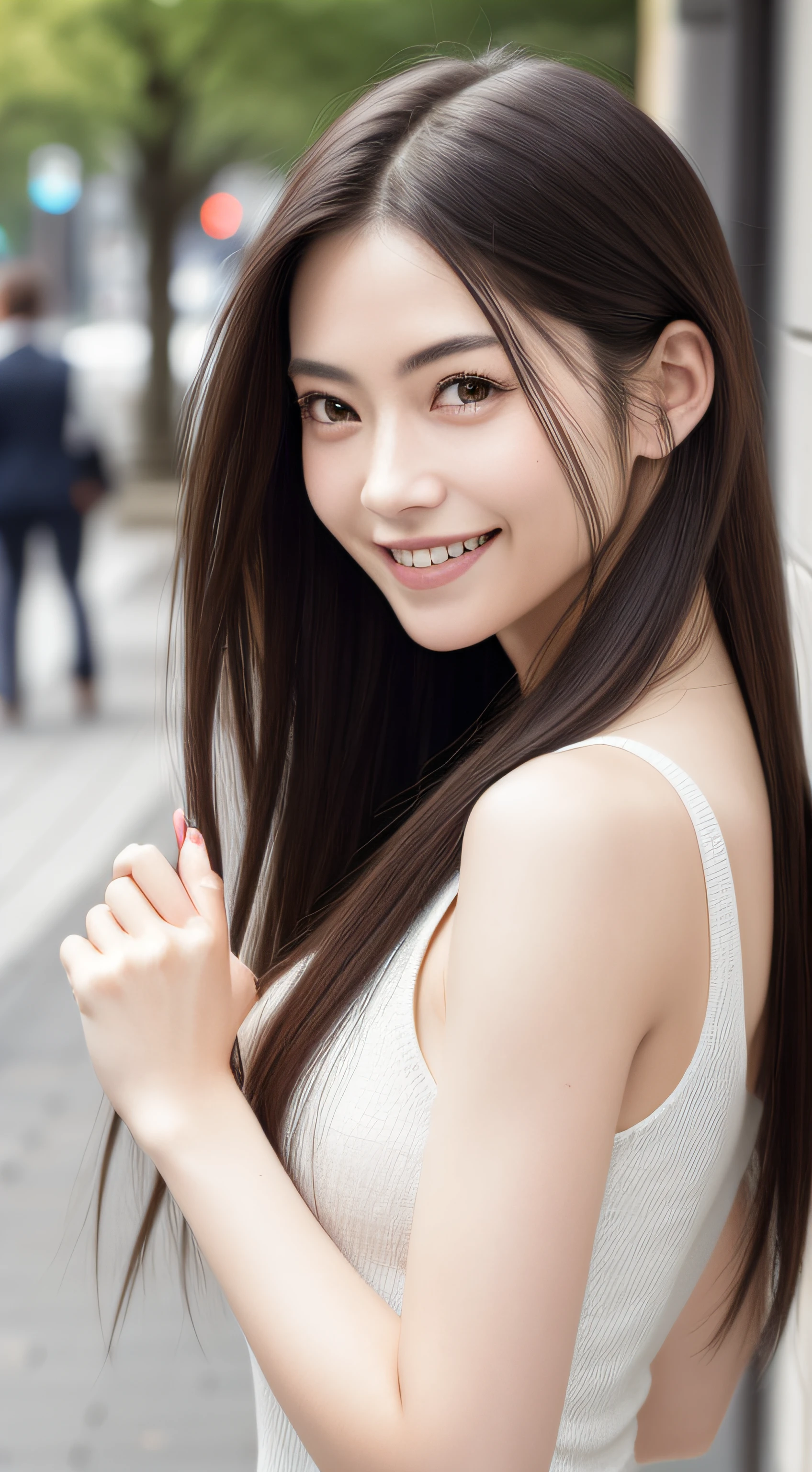 A woman taking a photo, smile, Happy, Long Hair, Straight hair, Detailed skin, Daytime, Hot summer day, Natural light, Detailed face:1.2, Sharp focus, Hasselblad Photography, masterpiece, light makeup, Cinema Lighting, 4K, Highest quality