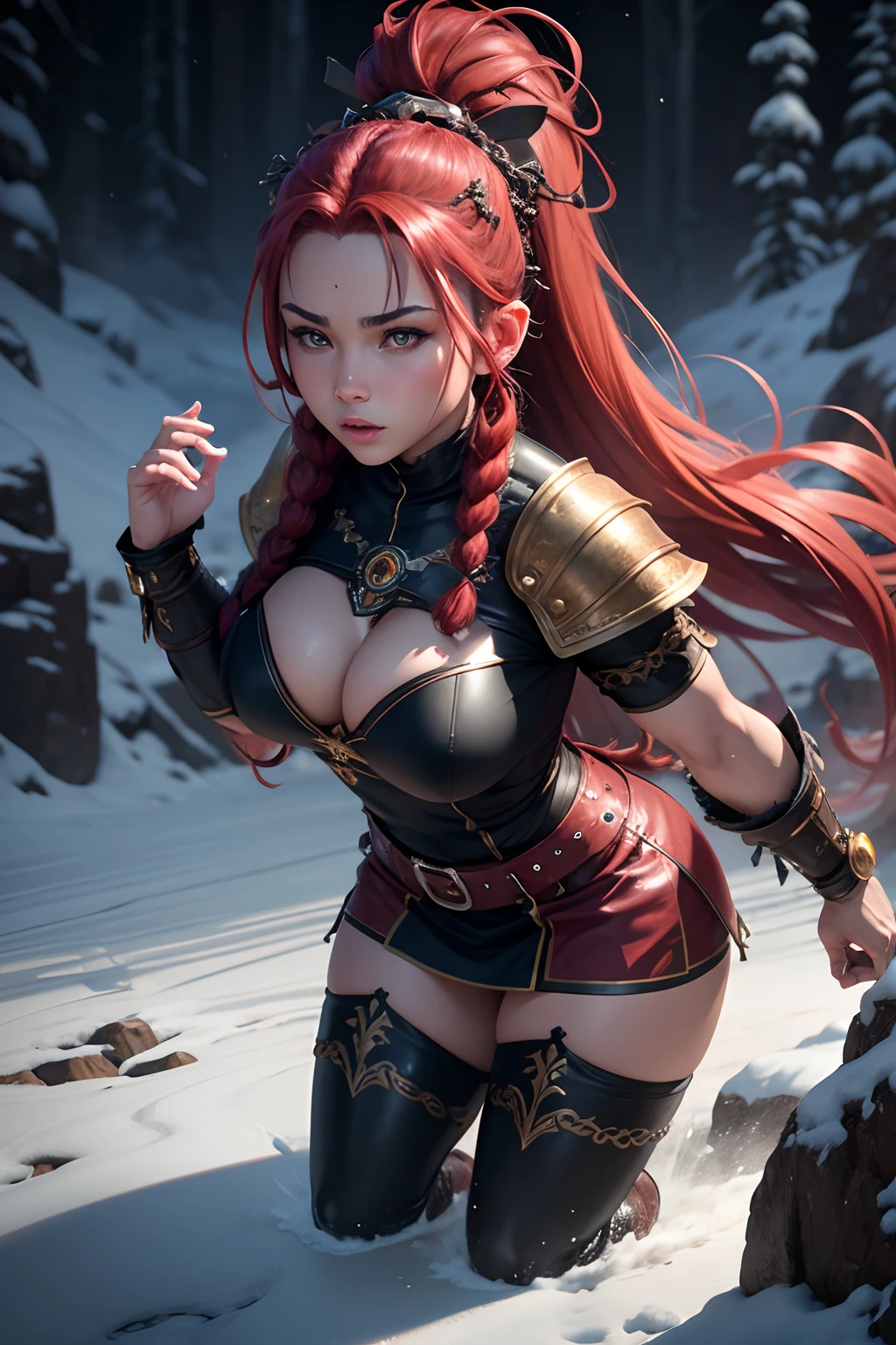 Beautiful Northen dwarf warrior Female, Fair Skin, Long red Braided hair, two braids, celtic tattoos, fur boots, ornate metal bikini armor, leather stripes loincloth, leather belt, on a snowy mountaintop, amazing beautiful athletic toned body, Beautiful D&D Character Portrait, Ominous, Dark Fantasy, Detailed, Fiverr Dnd Character, Octane Render, Digital Art, Extreme Detail, 4k, Ultra Hd, Polished, Beautiful, Hyperdetailed, Intricate, Elaborate, Meticulous, Anime Character, Detailed, Sharp Focus, Wlop, Character Design, Unreal Engine, 3d Rendered, Volumetric Lighting, Reflections, Glossy, Digital Illustration,Unreal Engine, 3d Rendered, Volumetric Lighting, Reflections, Glossy, Digital Illustration, Sensual Pose, Suggestive Pose, Full Body Shot, anatomically correct 💖❤💕💋❣