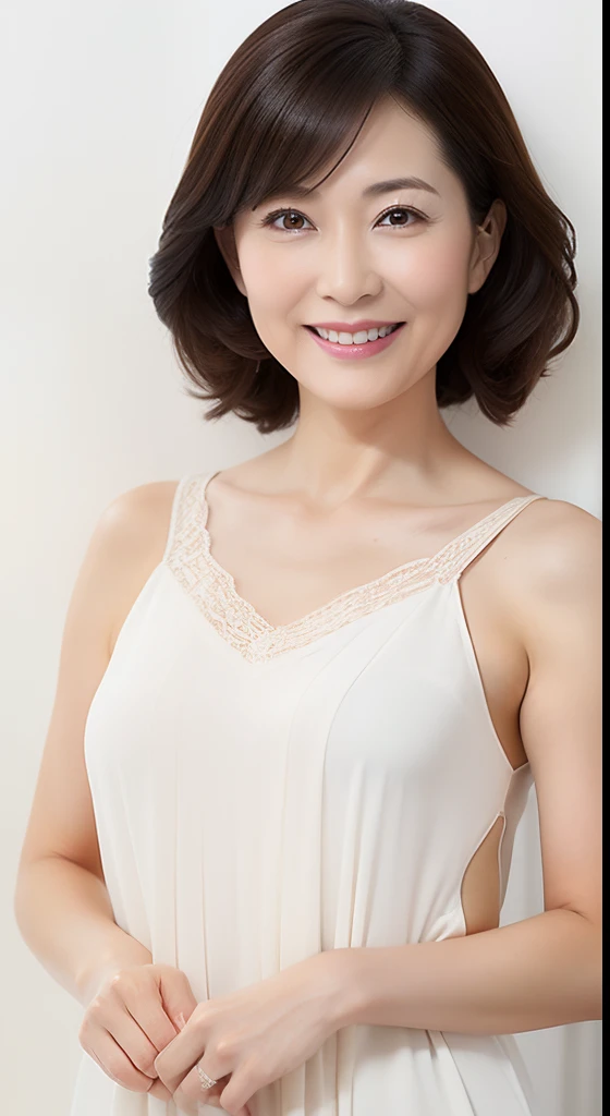 Masterpiece,Best quality, (maam. clerk:1), ((Portrait:1.3)), Cross arms，Huge room，Chest straight，Tall， Smile，Crane-patterned deep V-neck ice silk suspender nightdress，Long white legs，Plain transparent sandals，skin hyper-detail，Clear pores，in a panoramic view，Cocked buttocks，No underwear，Beautiful young Japanese woman over 50 years old,  Perfect face, Fantastic look,  (Detailed facial features),  Clean and nice face，