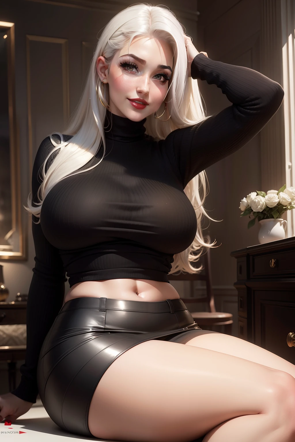 Lucy Pinder, portrait, Face portrait, red lips, smiling, Voluptuous woman, straight hair, platinum hair, medium hair, long sleeve sweater, black sweater, black skirt, black stockings.