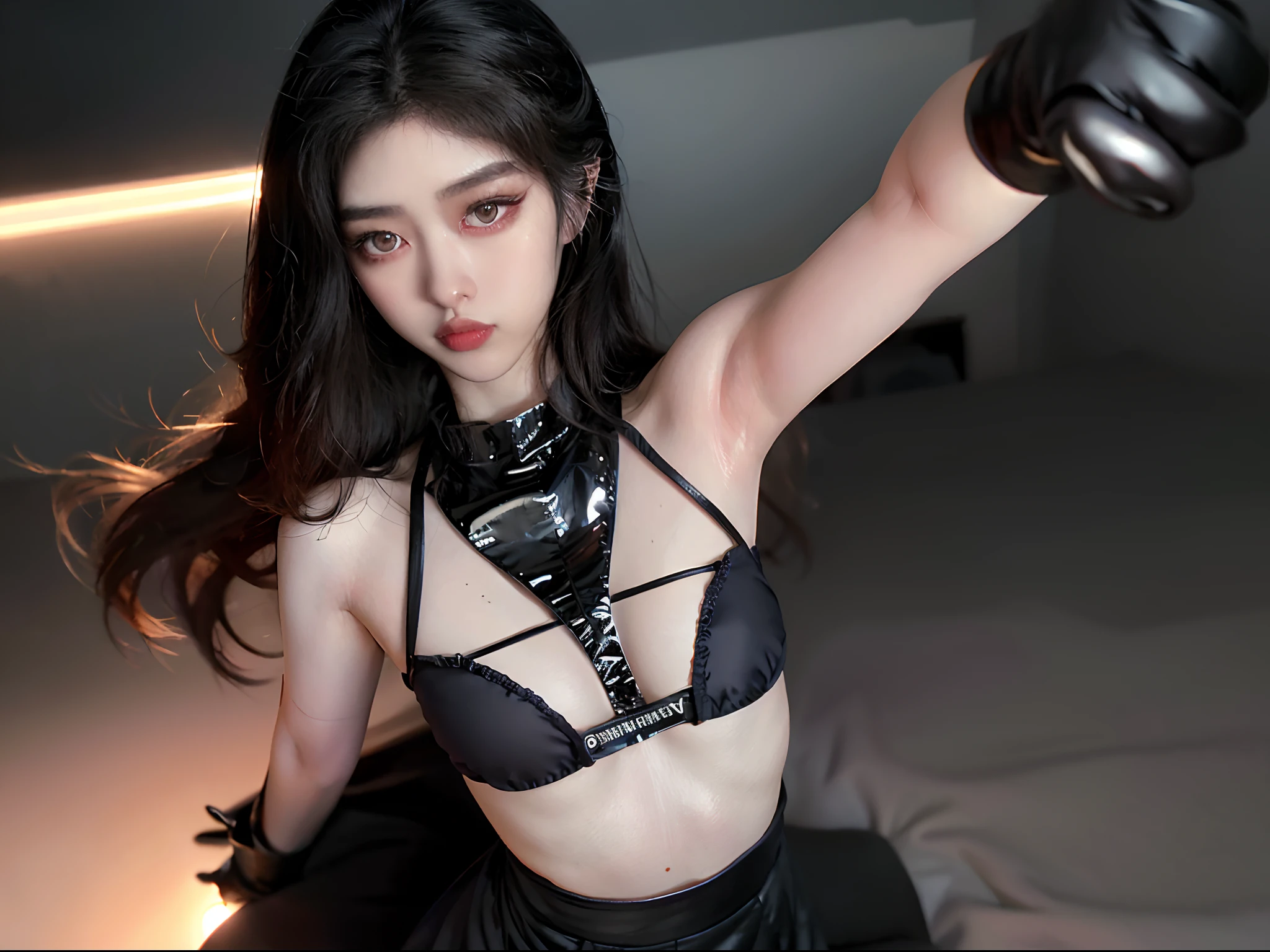 Surrealist art, gallery-quality works, ultra-precision, visual impact, sublime masterpieces, peak clarity, twilight dimness, soft lighting, 1 girl, solo, Understated, deep shadows, Monolid eyes, sharp nose and thin lip, wearing blak crop top and grey skirt
