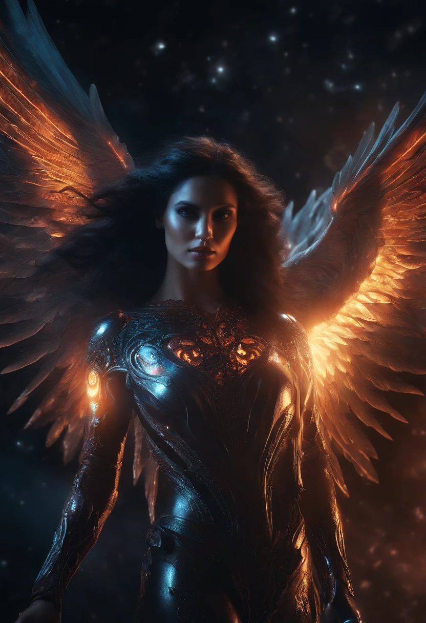 Cosmic Fallen Angel, glowing light eyes, Biomechanical, eerie, Creepy, nightmarish, Very bright colors, Light particles, with light glowing, Mshiff, wallpaper art, UHD wallpaper, black hair, white skin