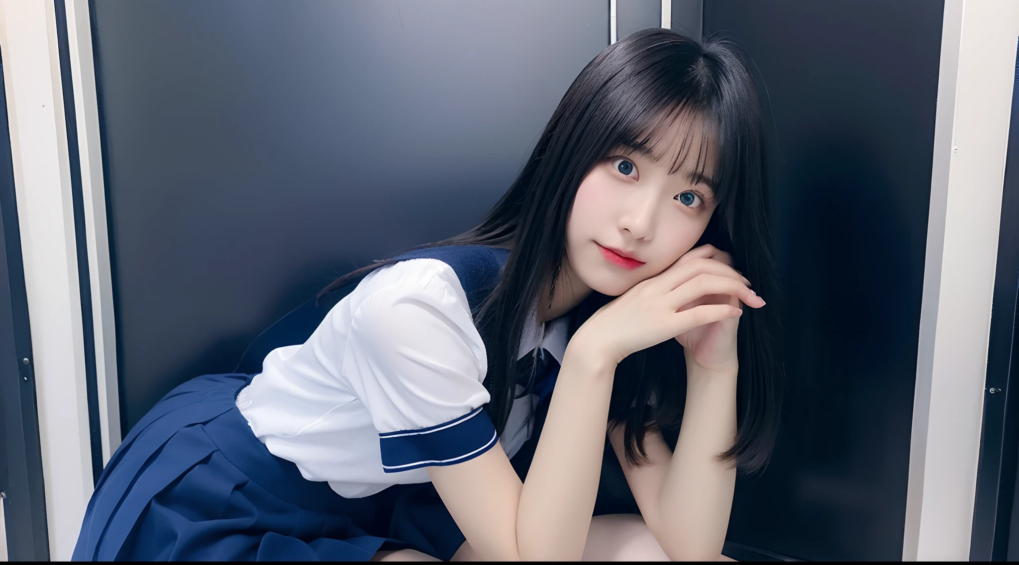 18-year-old high school girl in blue miniskirt(A dark-haired)
